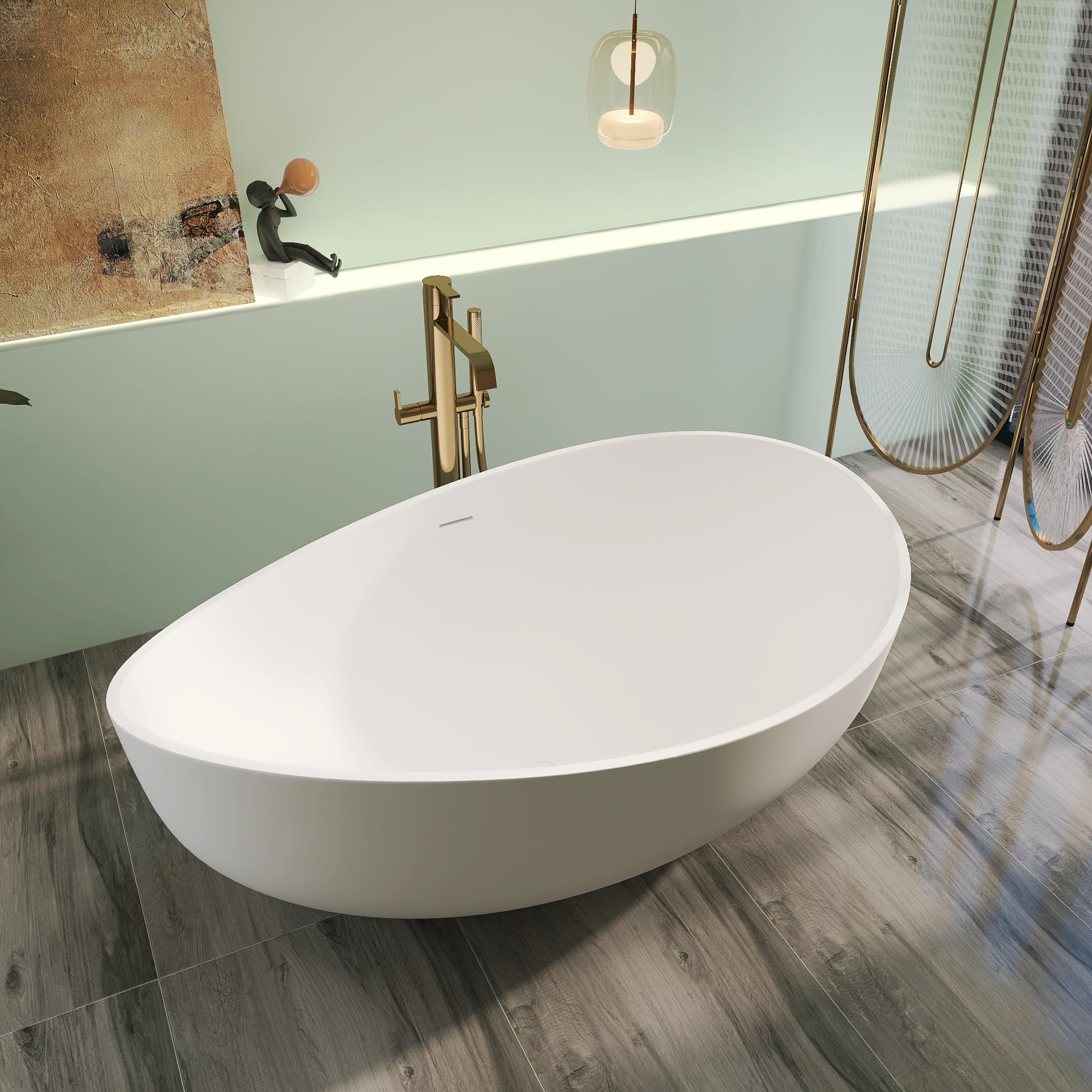 Vasca da bagno indipendente con superficie solida di alta qualità, 180,3 cm, vasca ovale in resina con troppopieno e scarico pop-up, bianco opaco