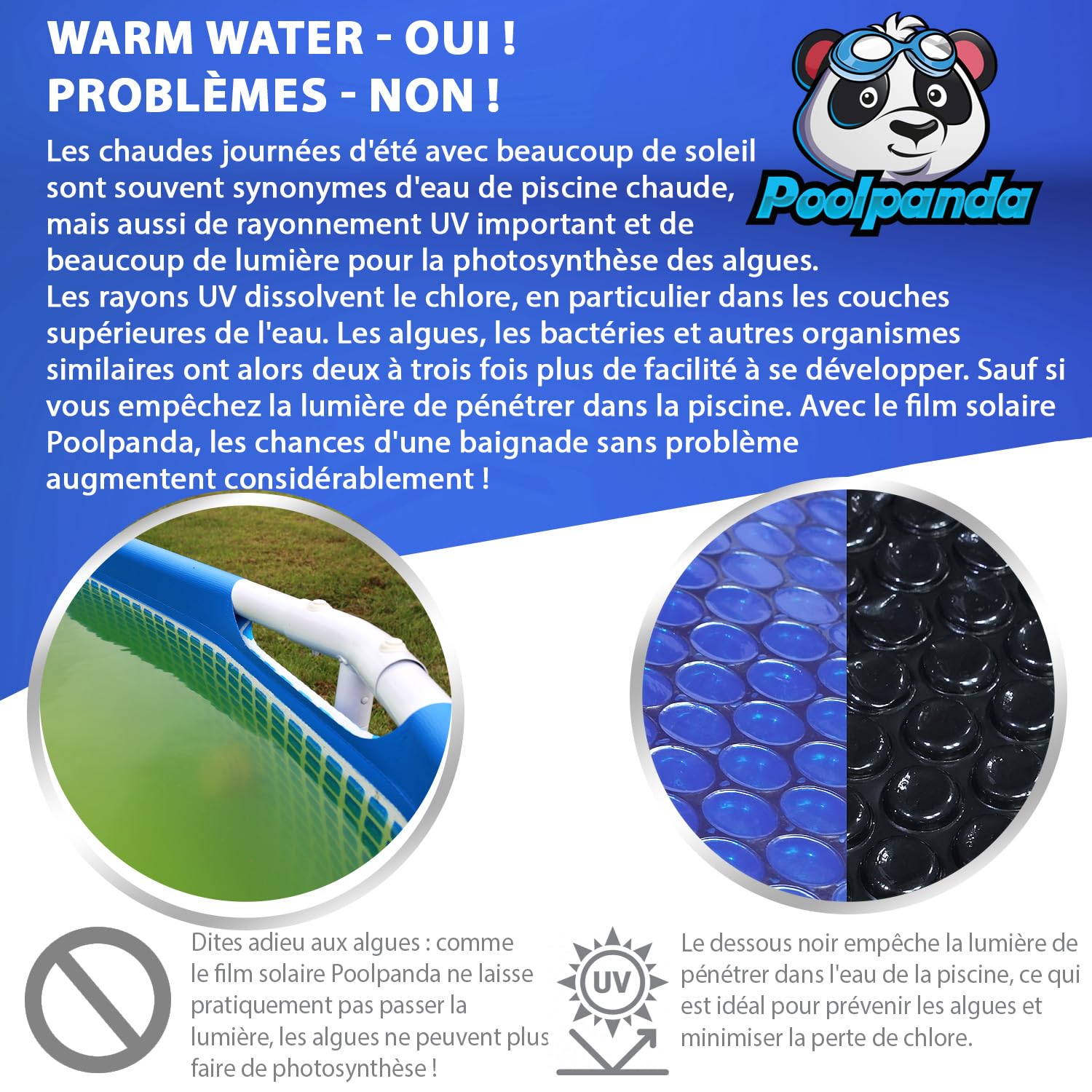 Poolpanda Elite Bâche Solaire Ronde 488 cm Épaisseur 400 µm Noir/Bleu XL Bulles d'air Film Solaire pour Piscine