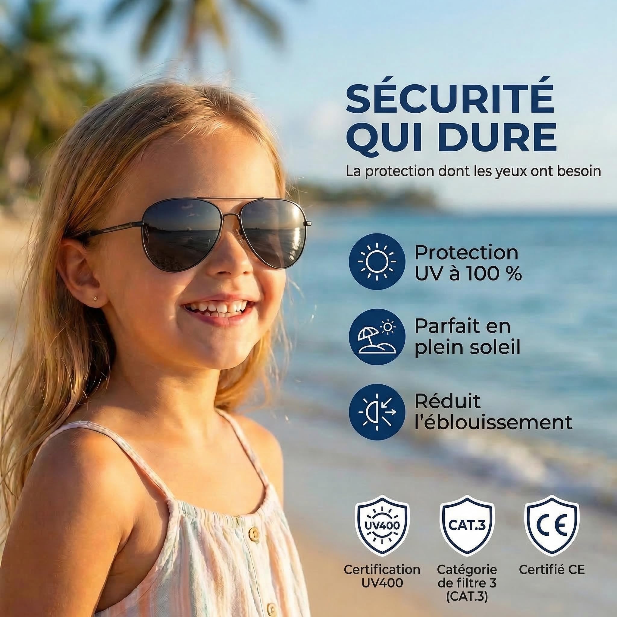 Kiddus Lunettes de Soleil Polarisées Enfant 9 10 11 12 Ans, UV400 CAT3, Protection Solaire Fille Garçon, Monture Métal Résistante, CE ISO REACH - 3