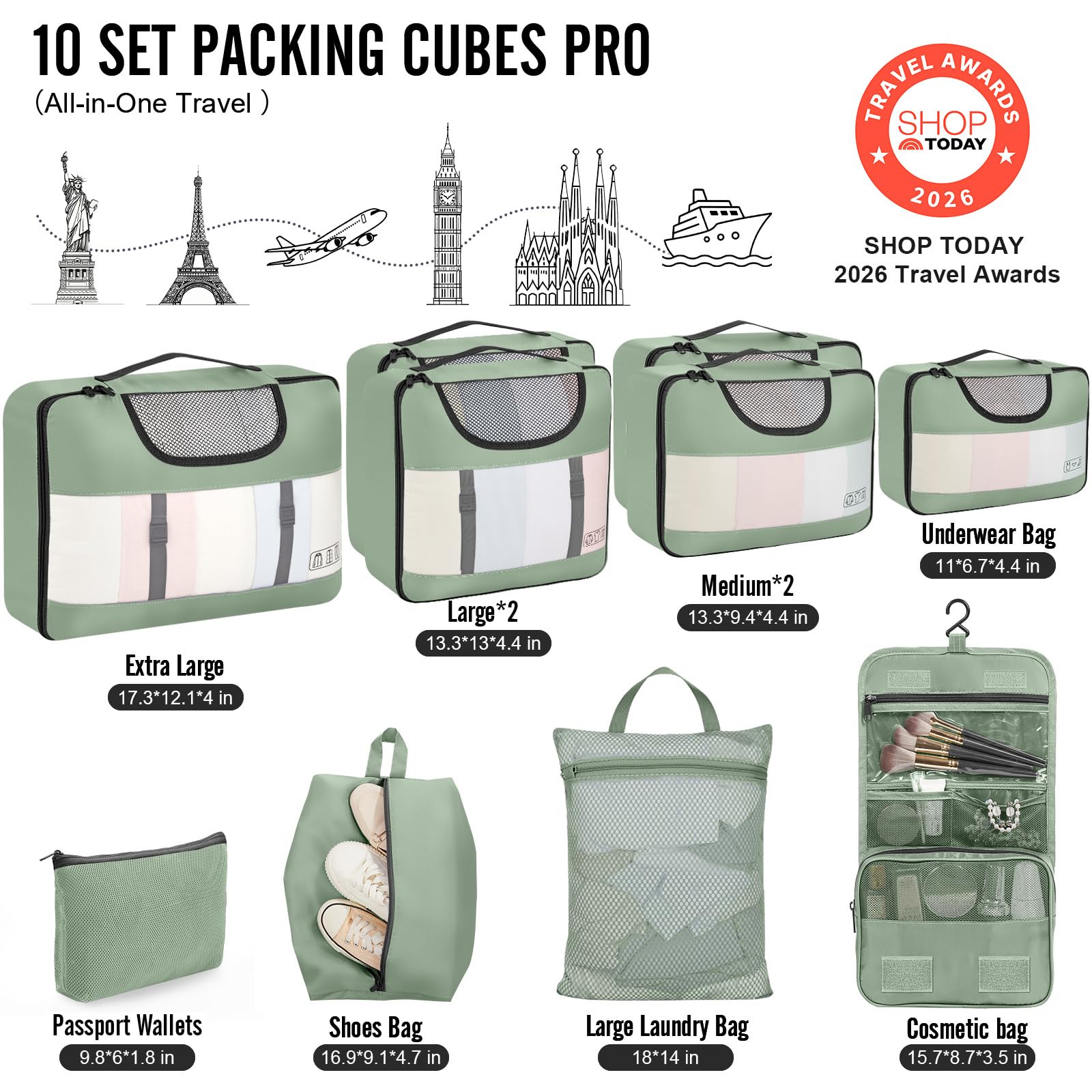 Veken 10 Set Packing Cubes for Travel Essentials,Anti-Wrinkle Buckled Suitcase Organizer for Shoe & Toiletry Bag,Carry On Luggage Bag with 99+ Count Mesh Holes for Airplane & College Dorm Accessories view 2