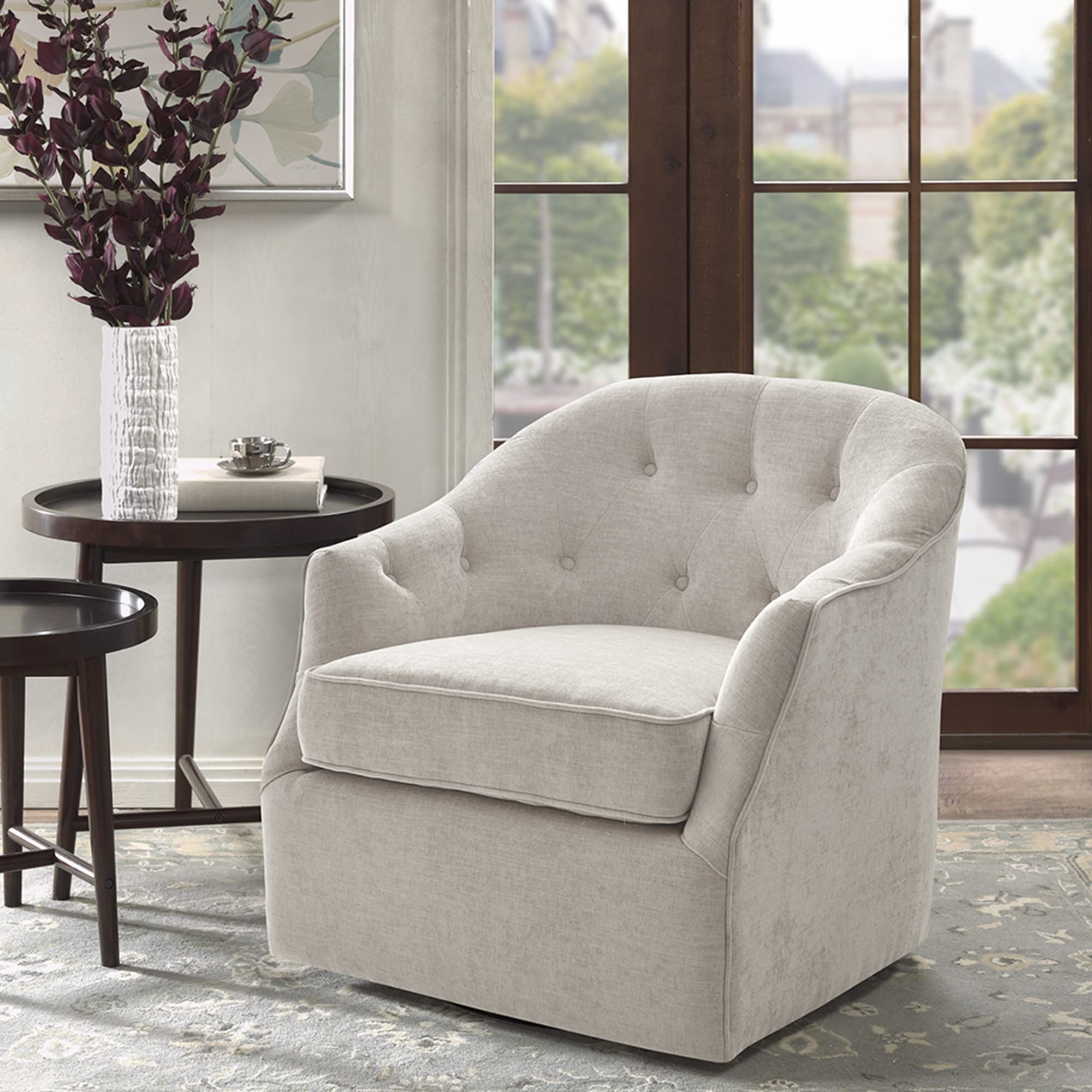 Madison Park Calvin Swivel Accent Chair, Upholstered 360 Degree Armchair with Metal Base Stand, Button Tufted for Nursery or Living Room Fully Assembled, Jacquard Textured Natural