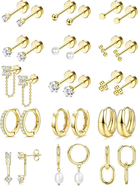 LOLIAS Flat Back Earrings for Women Hypoallergenic Surgical Steel Earrings for Sensitive Ears-20G Cartilage Earring Stacks 14K Gold Plated Hoops Flatback Stud Earring Sets for Multiple Piercing