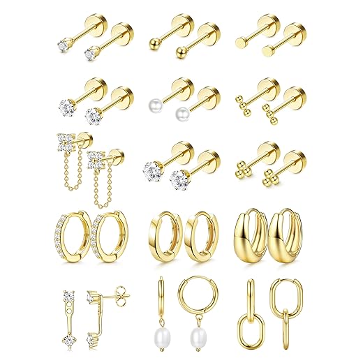 LOLIAS Flat Back Earrings for Women Hypoallergenic Surgical Steel Earrings for Sensitive Ears-20G Cartilage Earring Stacks 14K Gold Plated Hoops Flatback Stud Earring Sets for Multiple Piercing