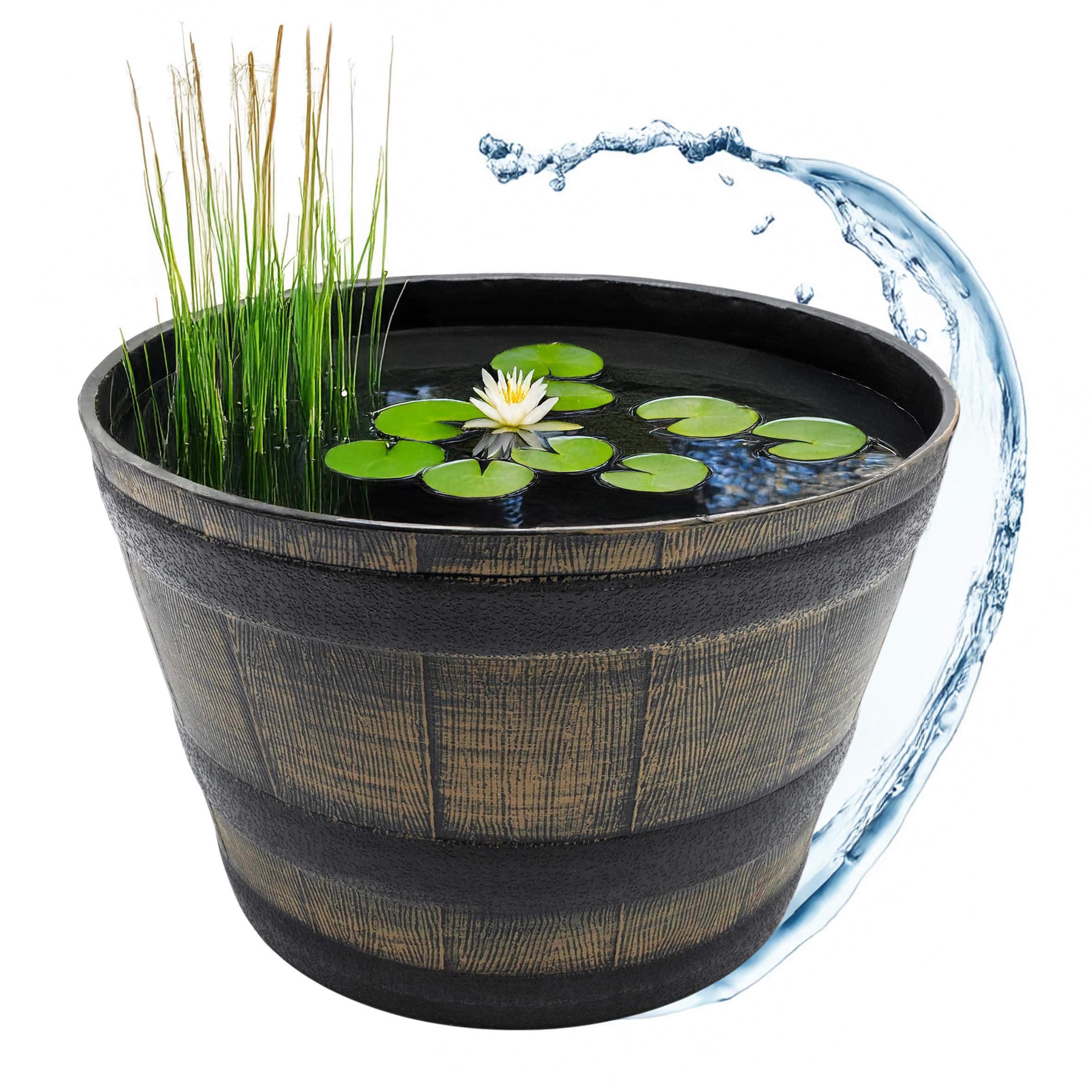 Spetebo Mini Bassin de Jardin en Plastique, Design Tonneau en Chêne Brun, 51 cm, Bac à Eau et Fleurs, Résistant aux Intempéries, Rustique, Outdoor