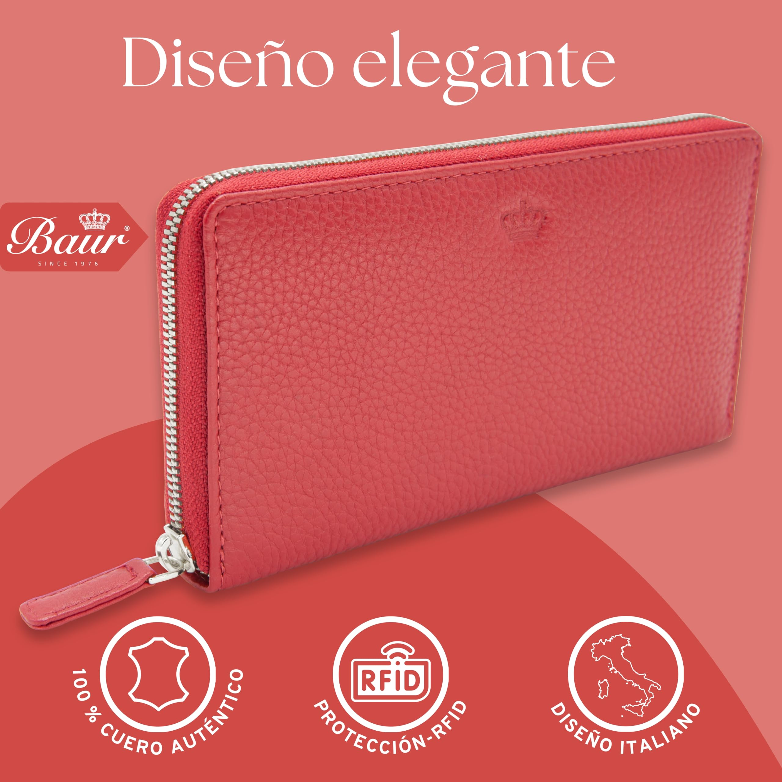 Baur - Cartera de piel auténtica para mujer | Cartera con protección RFID | Cartera grande con muchos compartimentos para tarjetas | Cremallera completa | Monedero para mujer, rojo, 19,7 x 10 x 2,5 cm