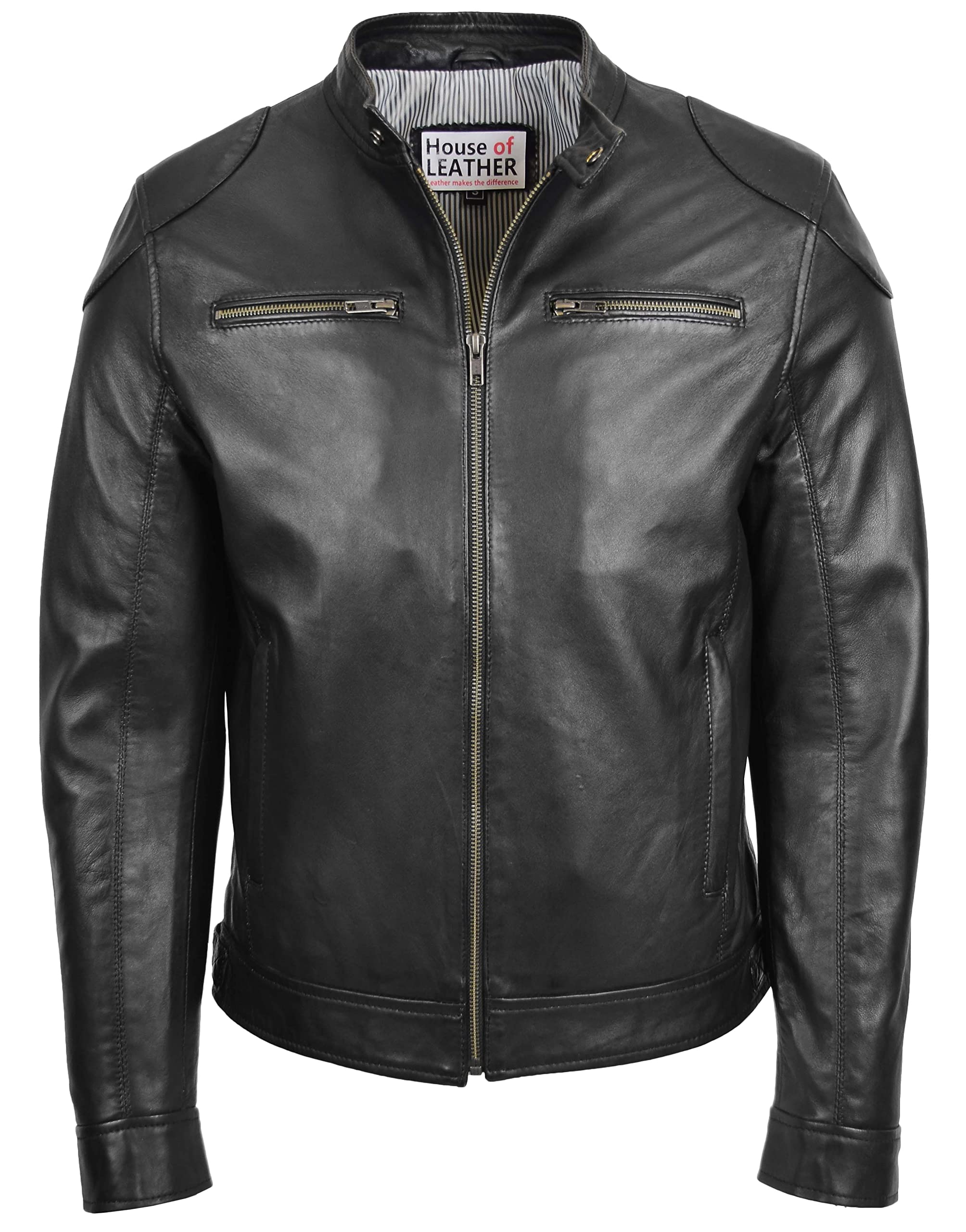 House Of Leather Men's Black Real Soft Leather Biker Jacket Cafe Racer Style Milton (3Xl, )