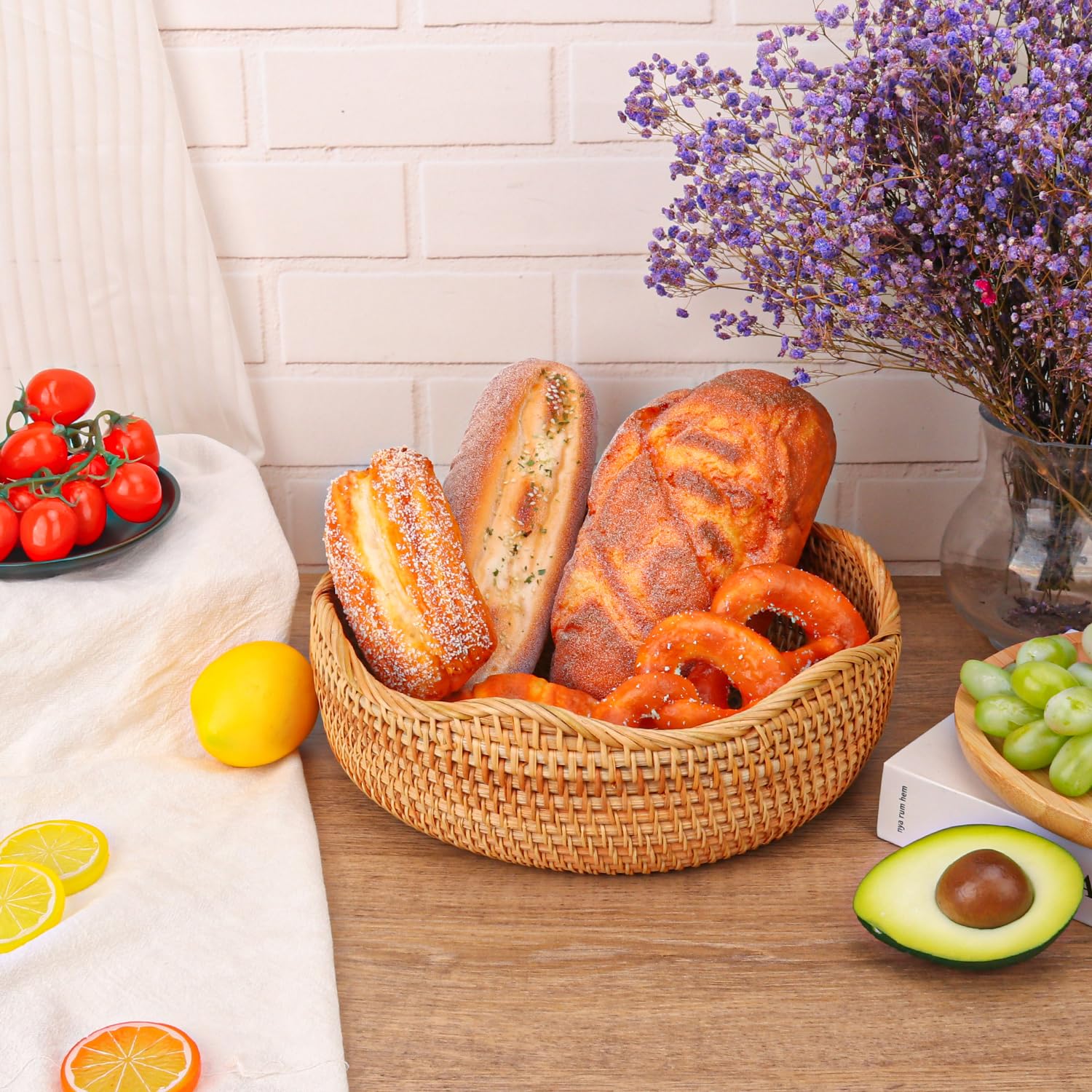 Cestas de pan de ratán hechas a mano, auténticas cestas de servir tejidas a mano para cocina, cuencos redondos de almacenamiento de frutas, elegante organizador de encimera de cocina para