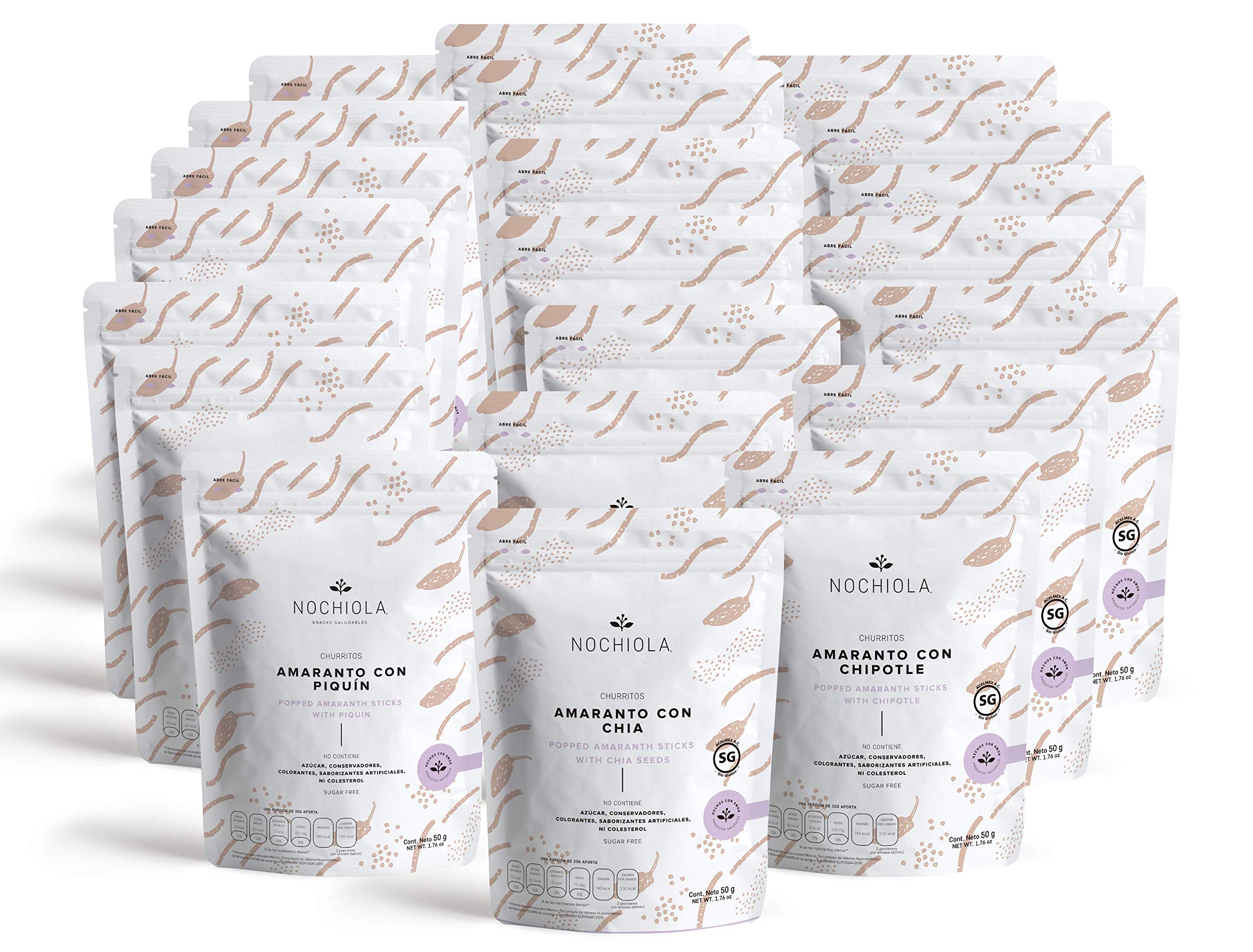 Nochiola Amaranth Churritos Variety Pack: Chia seeds, Piquin and Chipotle Chili Powder 50g/1.76oz each (21 pack) Vegan, Crunchy, Healthy Snacks