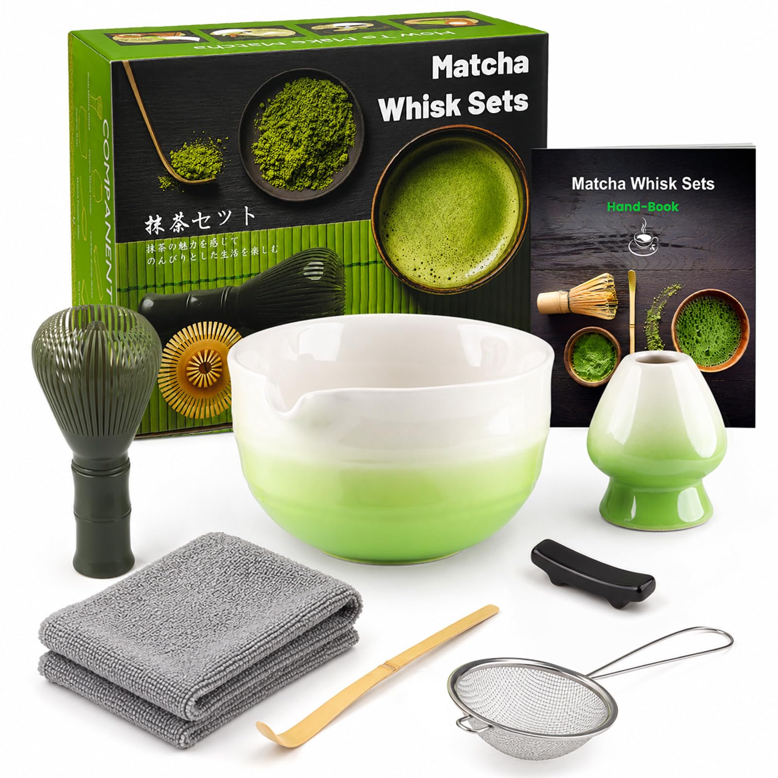 Admygo 7-Piece Gradient Green Matcha Whisk Set - Japanese Ceremonial Matcha Kit with Ombre Bowl, Plastic Whisk, Sifter, Whisk Holder, Scoop & Cloth, Complete Matcha Tools for Starters & Tea Lovers โ image 1