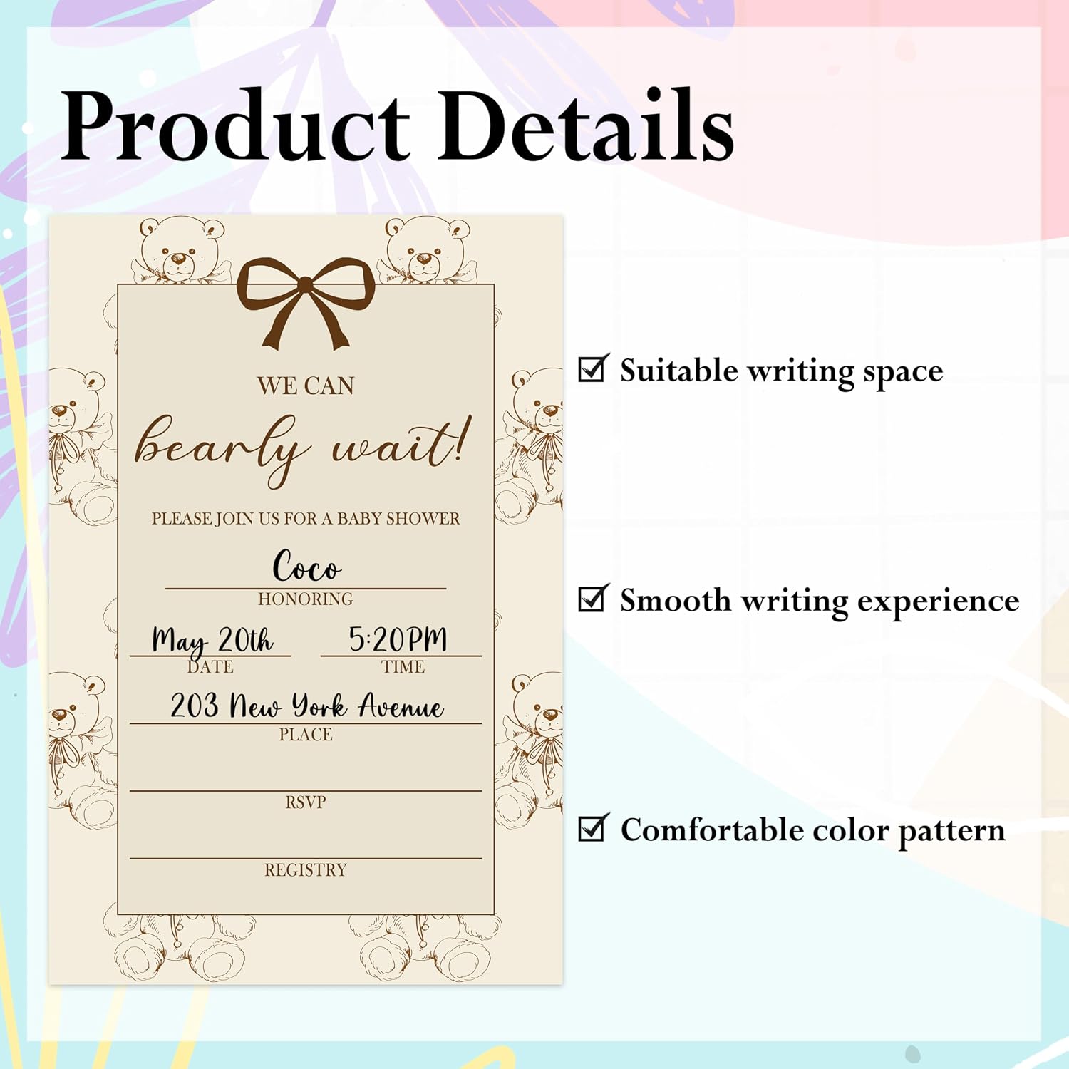 We Can Bearly Wait Baby Shower Invitations - 25 Vintage Bow Invites with Envelopes, Diaper Raffle Tickets, Book Request Cards, Party Decorations Supplies Favors -07