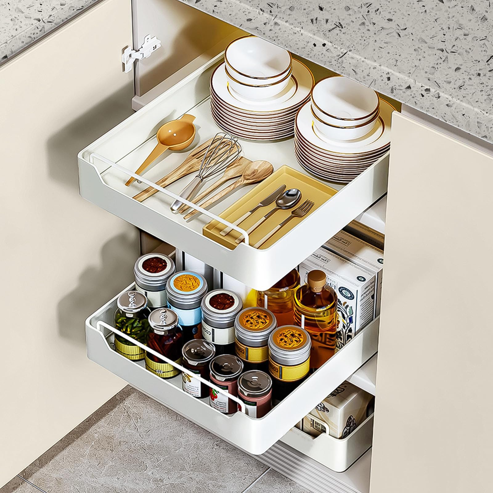 PUWOWYE Cassetto Estraibile per Cucina, Soggiorno, Casa (30 cm L x 43 cm P x 7 cm H), Non è Necessario Forare, Bianco