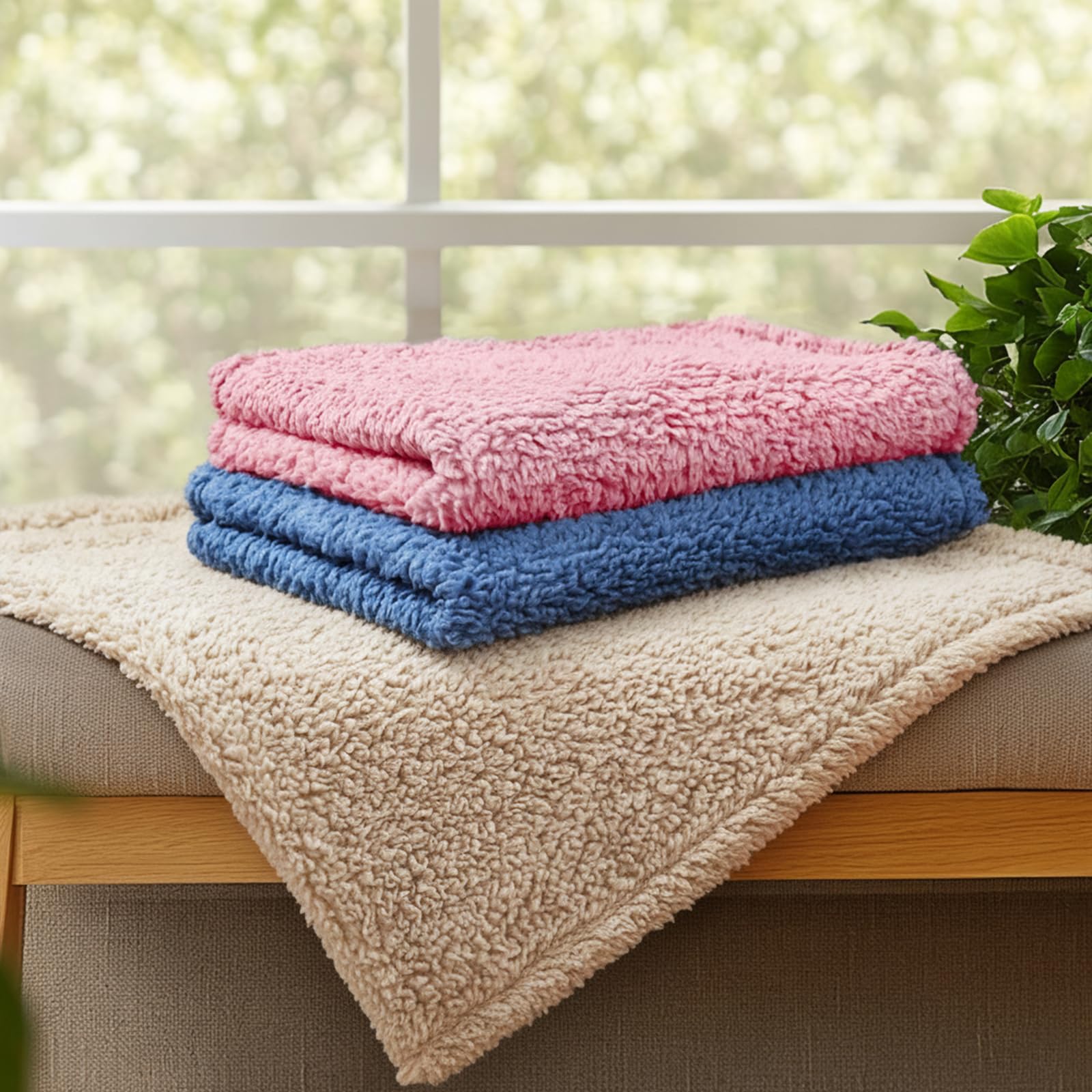 Luciphia Beruhigende Hundedecke, flauschig, Premium-Fleece, Haustierdecken, weicher Sherpa-Überwurf für Hunde, Welpen, Katzen, Beige/Rosa/HazeBlue, Größe L (104,1 x 78,7 cm), 1 Packung mit 3 Stück