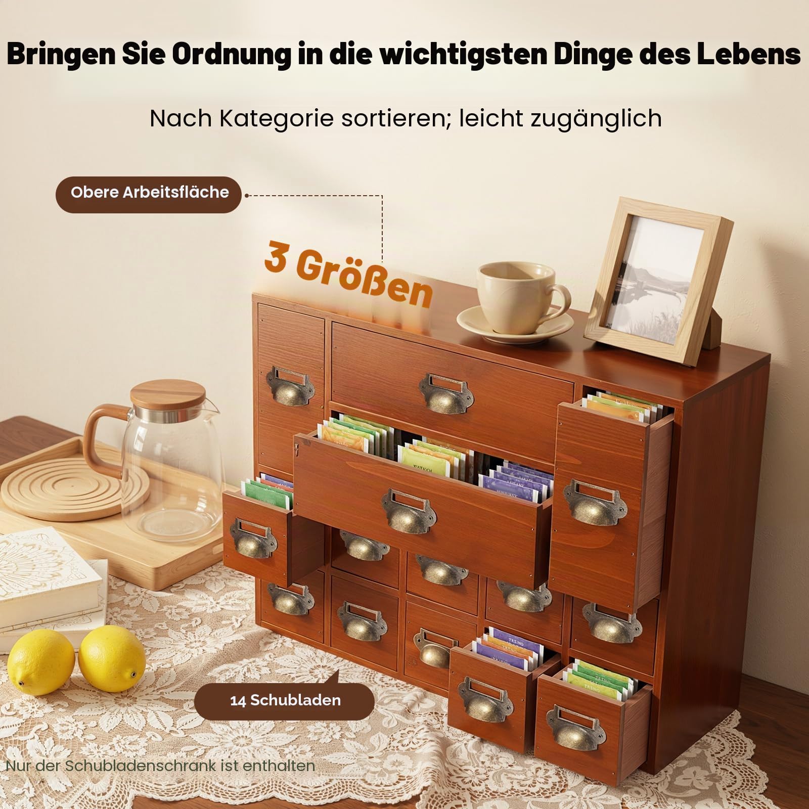 Holz Schreibtisch Organizer, Vintage Kommode mit 14 Schubladen Organizer, Jede Schublade ist belastbar 3kg, für Schlafzimmer, Küche, Büro