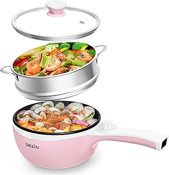 Dezin Hot Pot Electric with Steamer Upgraded, Non-Stick Sauté Pan, Rapid Noodles Electric Pot, 1.5L Mini Pot for Steak, Egg, Fried Rice, Ramen, Oatmeal, Soup with Power Adjustment