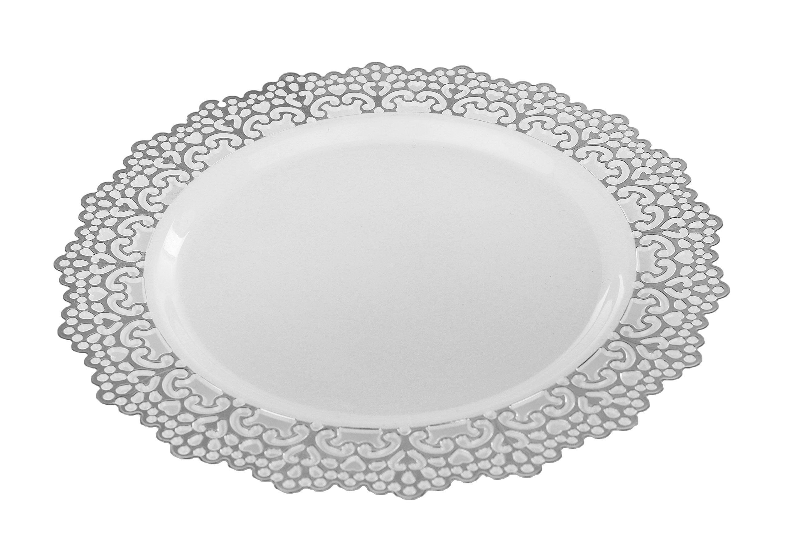 Premium Decorative Plastic Dinnerware Plates - 9" Inch Round Dinner Plate - 12 Count - Silver Rimmed