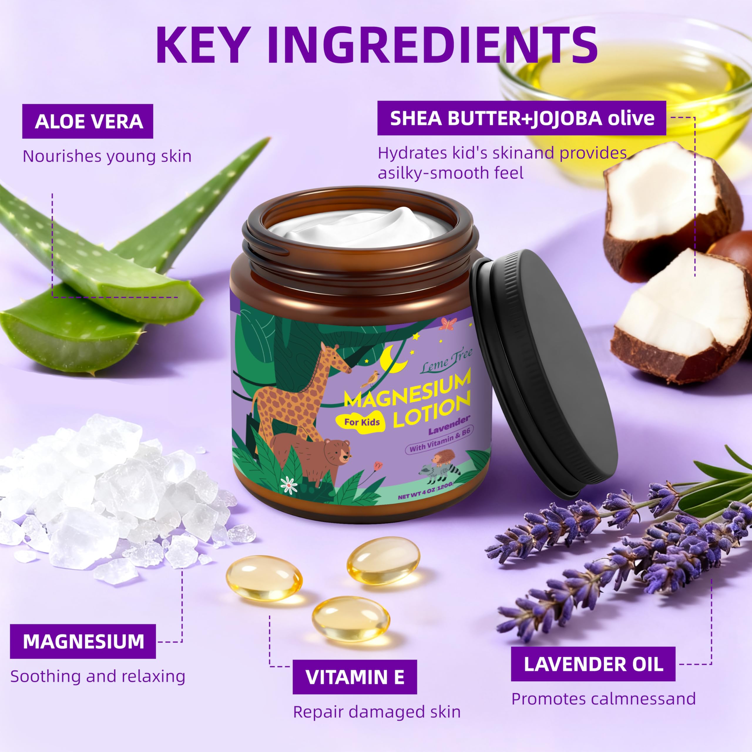 Magnesium Lotion for Kids & Babies, Lavender Magnesium Cream for Sleep, Soothing Relief & Relaxation, Topical Magnesium buttur, Apply to Legs, Arms, Stay Calm at During The Night (4 oz, Lavender)