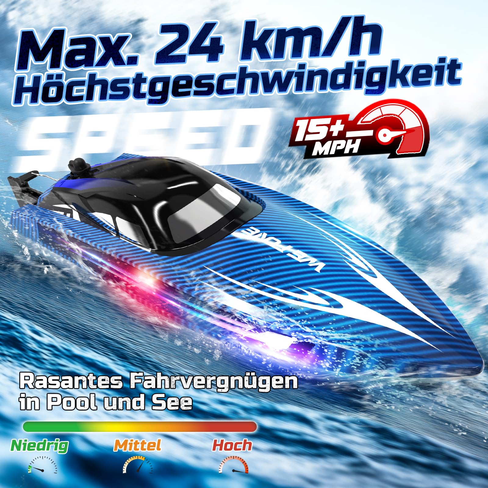 WeFone RC Boot für Kinder,2,4 GHz ferngesteuertes Boot mit LED-Lichtern, 40 Minuten Spielzeit, Wasserdicht & Kentersicher, Ideales Wasser-Spielzeug für Pool & See, Geschenk für Jungen ab 8 Jahren