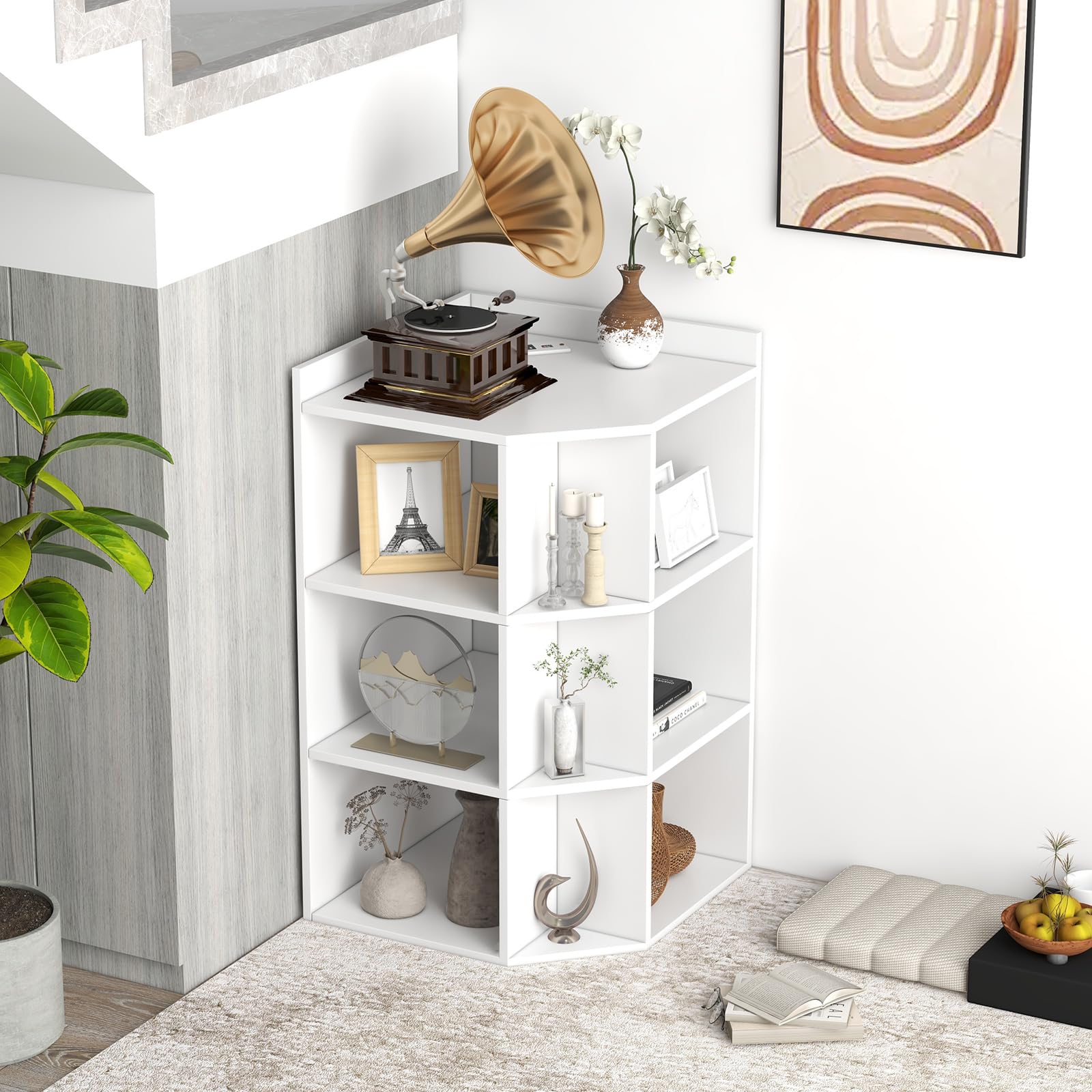 GIANTEX Librería Esquinero de 3 Niveles, Estantería de Almacenamiento con 9 Compartimentos Abiertos, 51 x 71,5 x 86 cm, con Puertos de Carga, Librería Triangular para Salón, Estudio (Blanco)