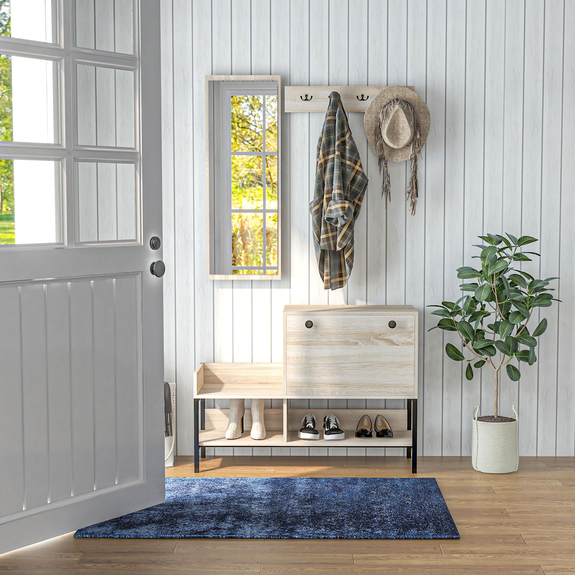 HOMCOM Ensemble 3 en 1 Meuble d'entrée vestiaire Design Contemporain Meuble Chaussures, Miroir et Panneau Porte-Manteau Acier Noir