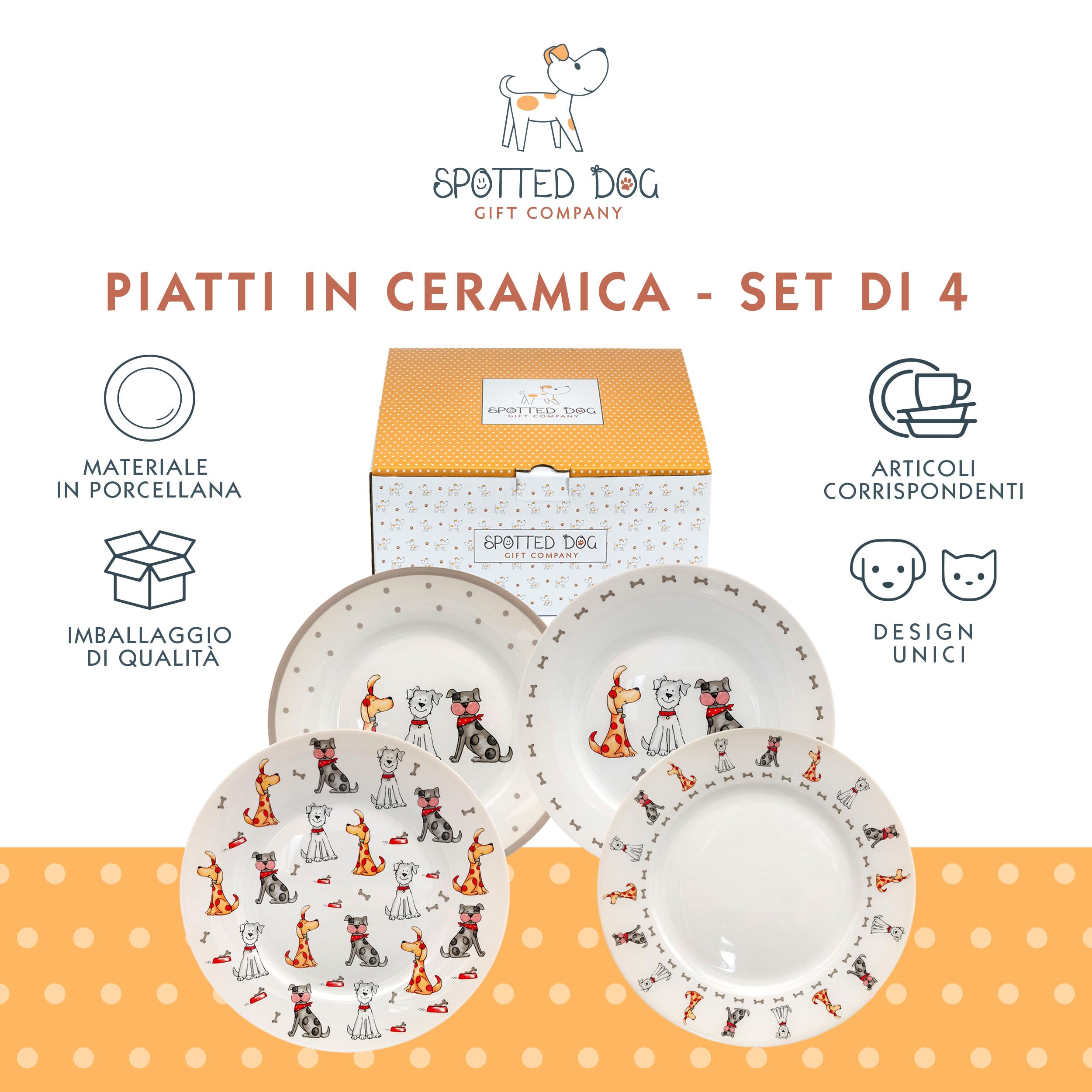 SPOTTED DOG GIFT COMPANY Piattini da Dessert, Set di 4 Piatti in Ceramica, Piatti per Torte, Frutta e Antipasti, Insalata, Adatti al Microonde e alla Lavastoviglie 19 cm - Cani
