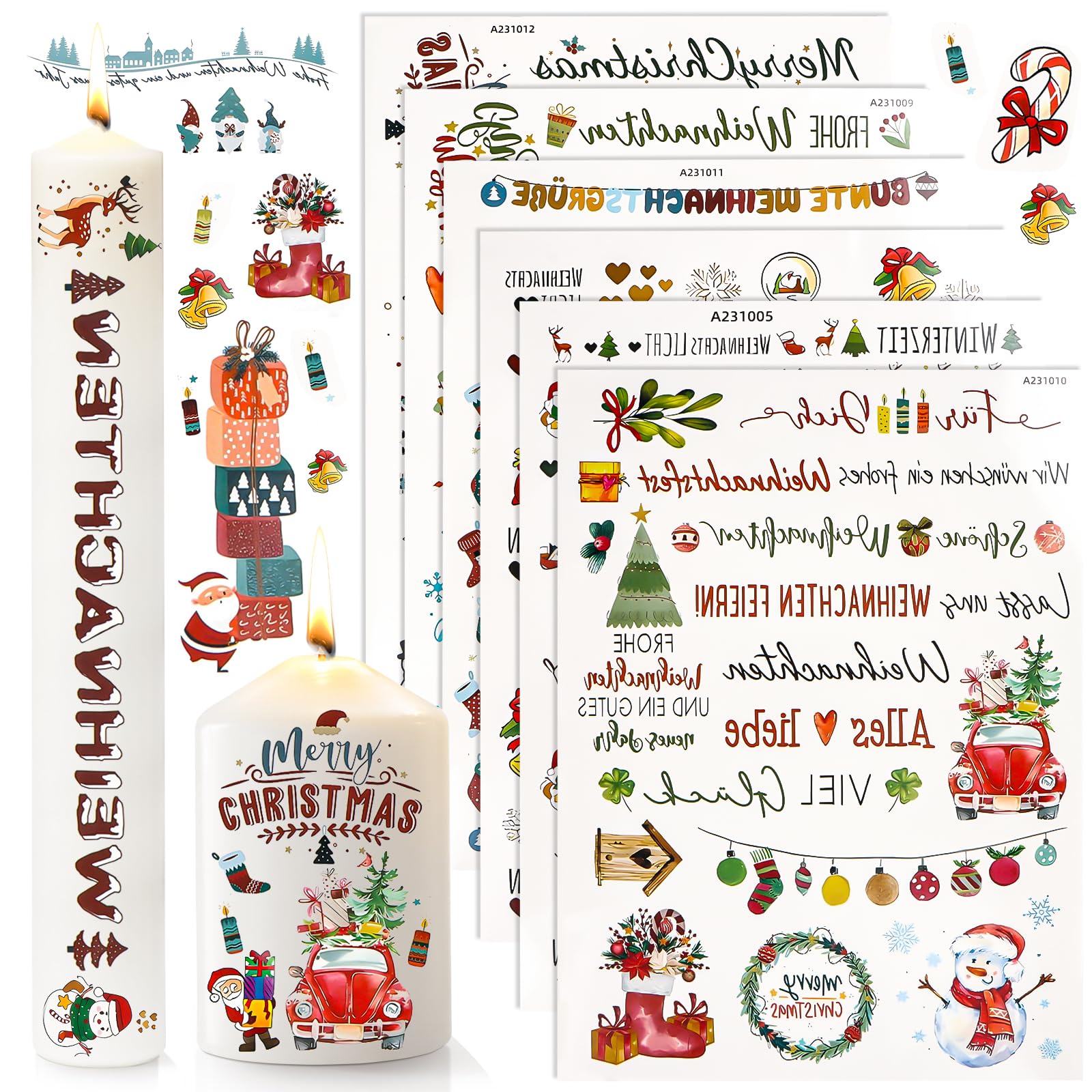 RUNEAY - Juego de 6 adhesivos para velas navideñas, diseño navideño