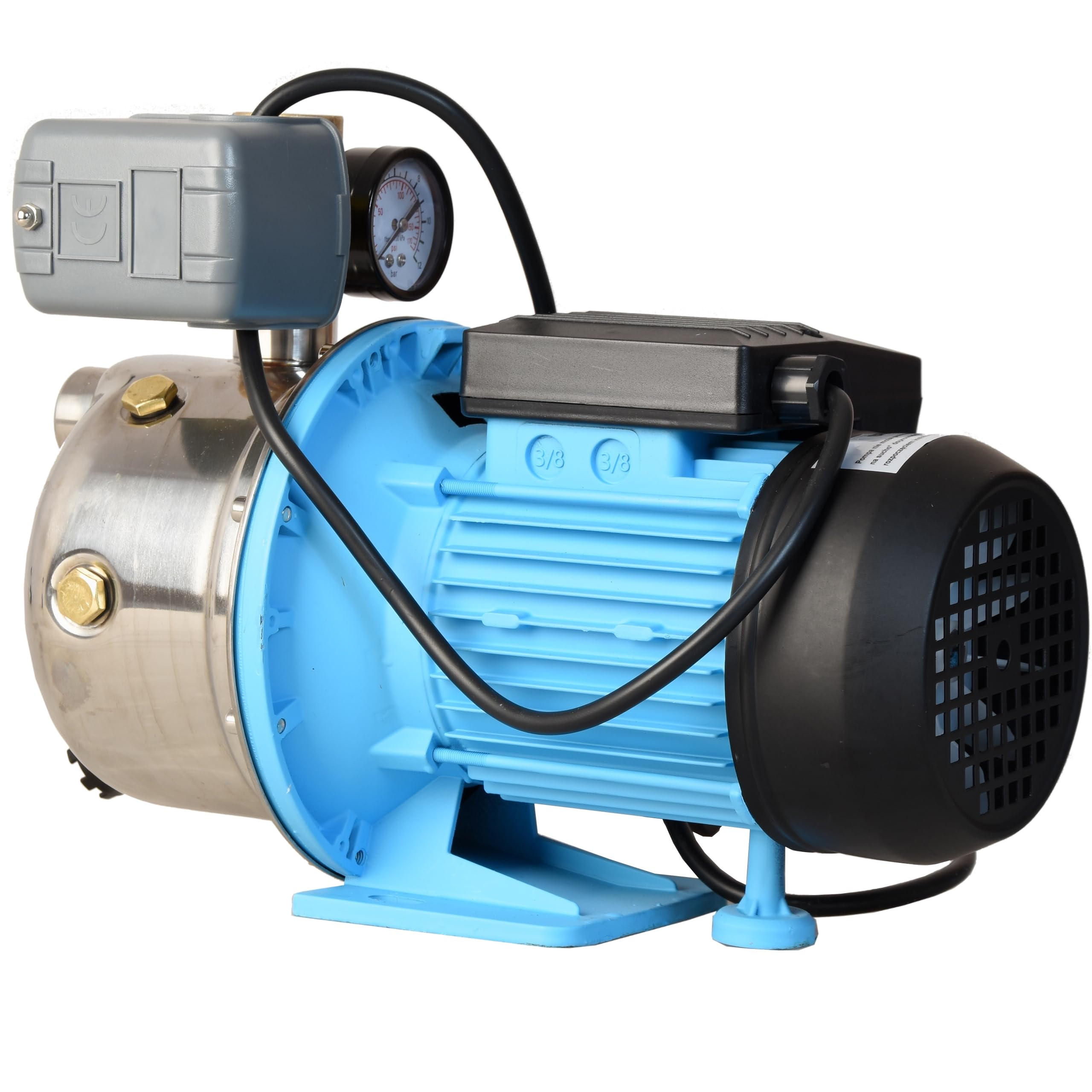 Pompe à Eau JX 1100 - Pompe de Surface (1100 W, 3600 l/h hauteur de refoulement 50 m) avec Manomètre Pressostat Raccord 5 Voies - Acier Inoxydable INOX - Pompe d’arrosage de Jardin - pour le Réservoir