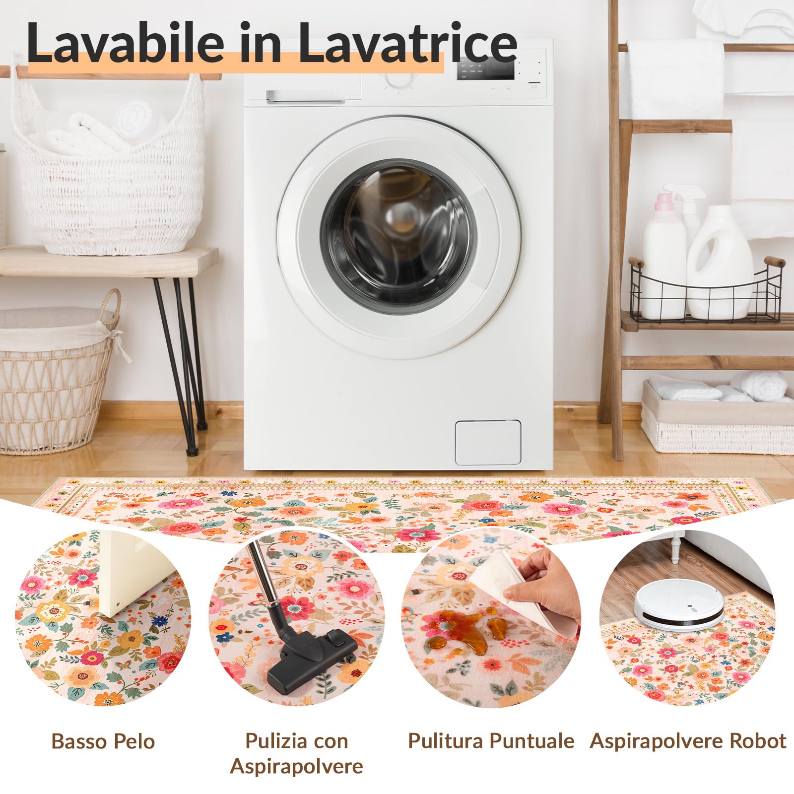 INOVADAY Tappeto Lavabile 90x150 cm Rosa/Beige Tappeto da Soggiorno | Camera da Letto, Cucina, Bagno, Sala da Pranzo, Pelo Corto, Antiscivolo, Stampa Floreale, Boho, Morbido, Facile da Pulire