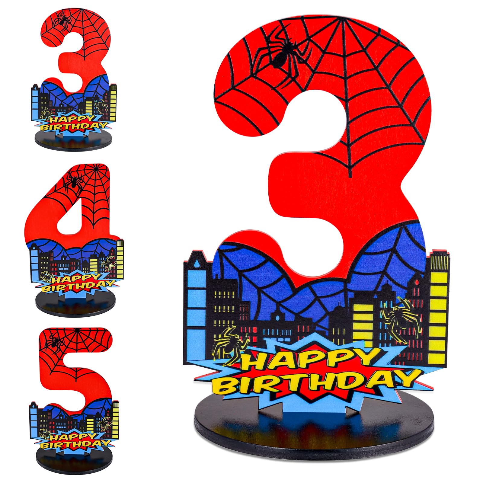 Spider Birthday Number Sign Wooden Table Centerpiece Large Cartoon Table Toppers Decorations for Boys Birthday Themed Party Supplies Photo Props (