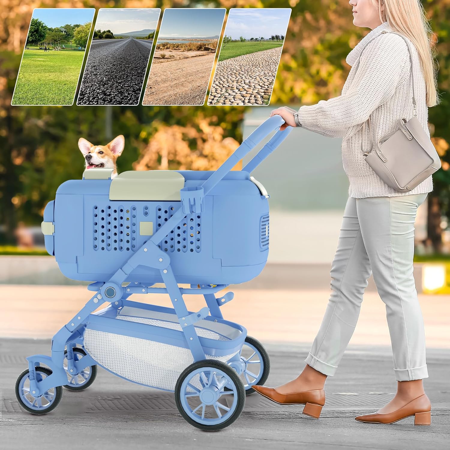 4-Wheel All-Terrain Dog Stroller Jogger, One-Click Foldable Pet Carrier for Cats & Dogs up to 44lbs, with Detachable Basket, Storage Bag & Cup Holder, Lightweight Blue Pet Travel Stroller