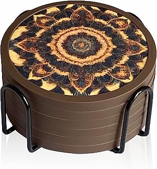 MECOWON Absorbent Coasters for Drinks with Holder - 6packs, Silicone Coasters with Soft Felt Insert (4.3 inch Coasters with 4.5 inch Holder, Dual-Sided Mandala -Themed Patterns)