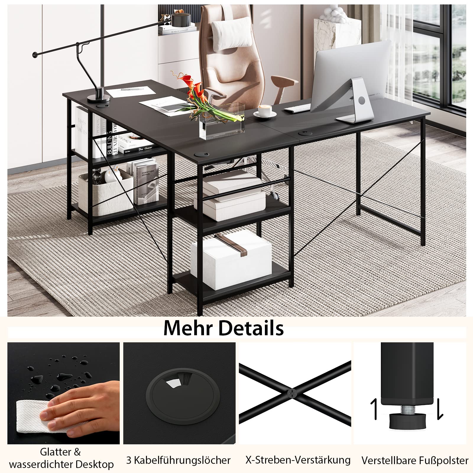 LIFEZEAL L-vormig bureau, 240 cm, omkeerbare computertafel, hoekbureau met monitorstandaard, gaming-laptop, pc-tafel in industriële stijl, werkstation voor thuis en op kantoor (bruin