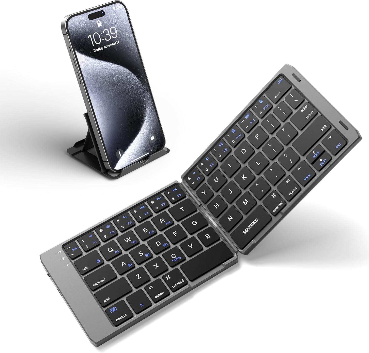 Samsers Foldable Bluetooth Keyboard unfolded with a smartphone on a stand