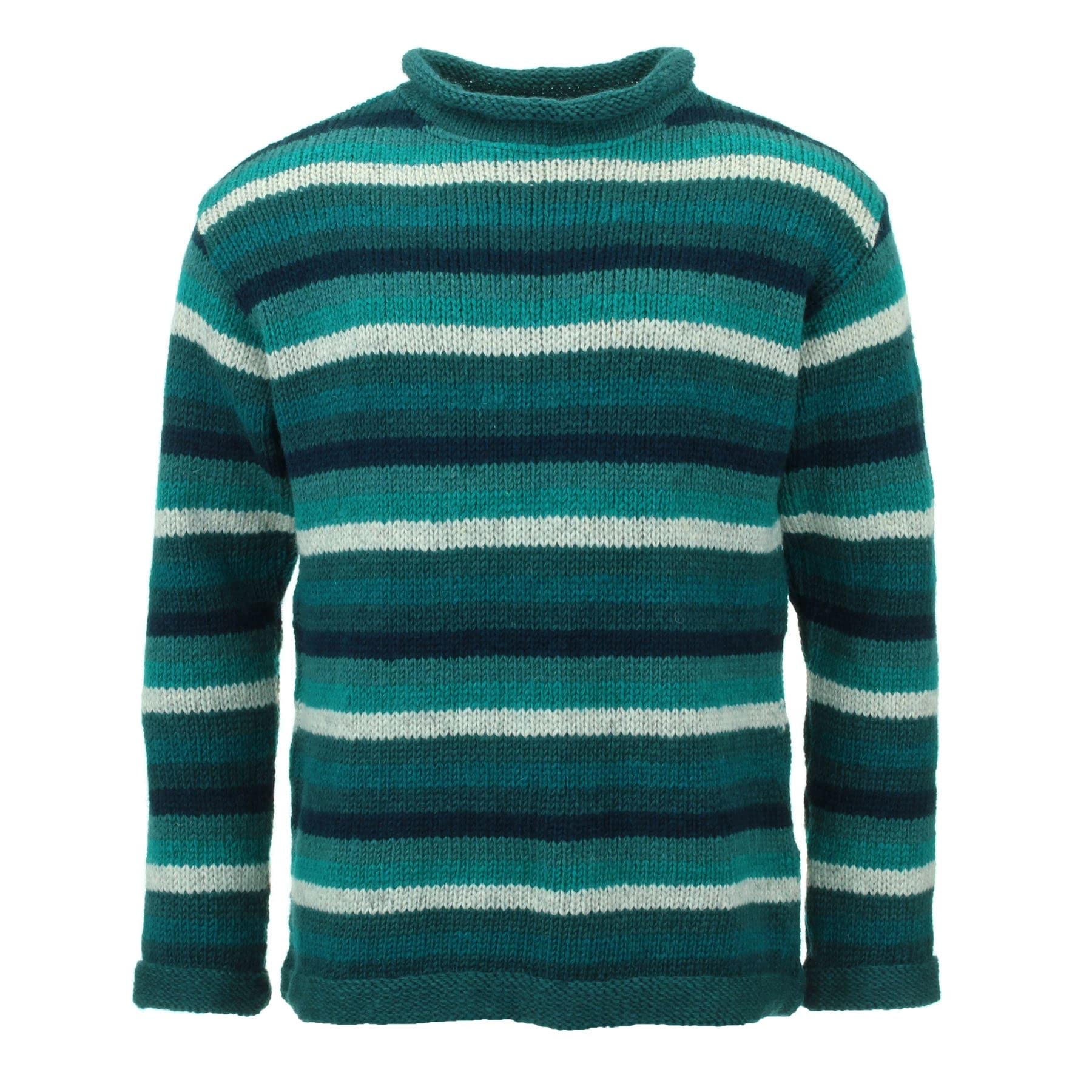 LOUDelephant Hand Knitted Wool Jumper - Stripe Teal (Small)