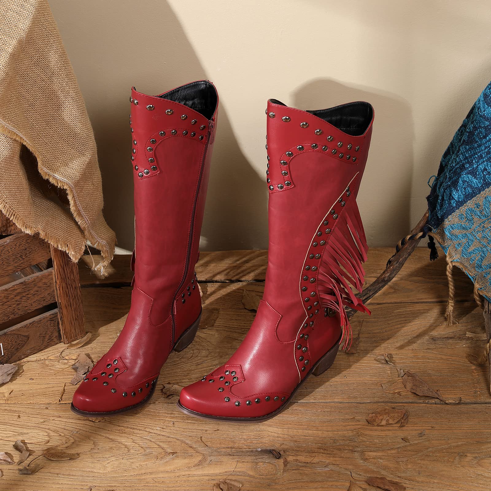 Lizoleor Botas Hasta la Rodilla de Mujer Puntiagudos Cremallera Occidentales Fringe