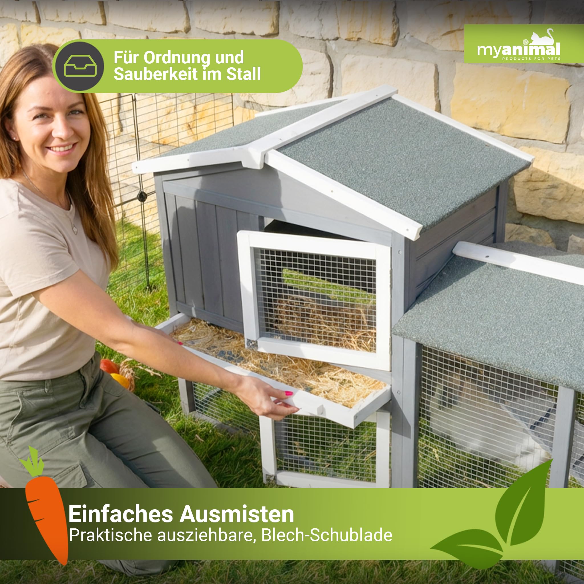 Miweba MyAnimal Hasenstall MH-03 | Kaninchenstall mit Freilaufgehege - Hasenkäfig - Kleintierkäfig - Holz imprägniert - Kaninchenkäfig Winterfest - Kleintiergehege - Käfig - Hasenhaus (Grau/Weiß)