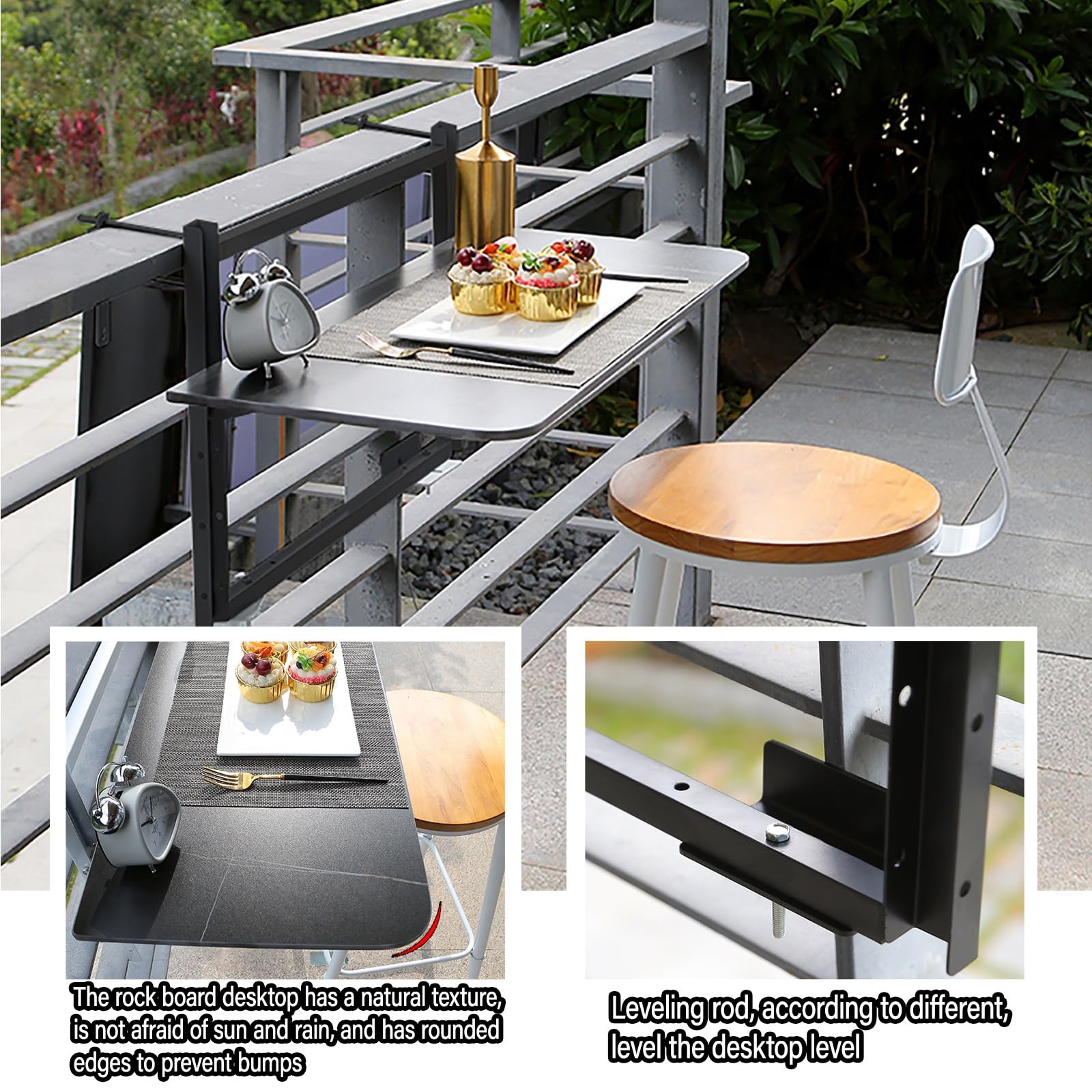 Tavolo da Balcone Pieghevole Regolabile, bancone da Bar da Esterno a Parete per Patio e Giardino, Tavolo salvaspazio con ringhiera, Bianco (60x35 cm/23,6x13,7 Pollici)