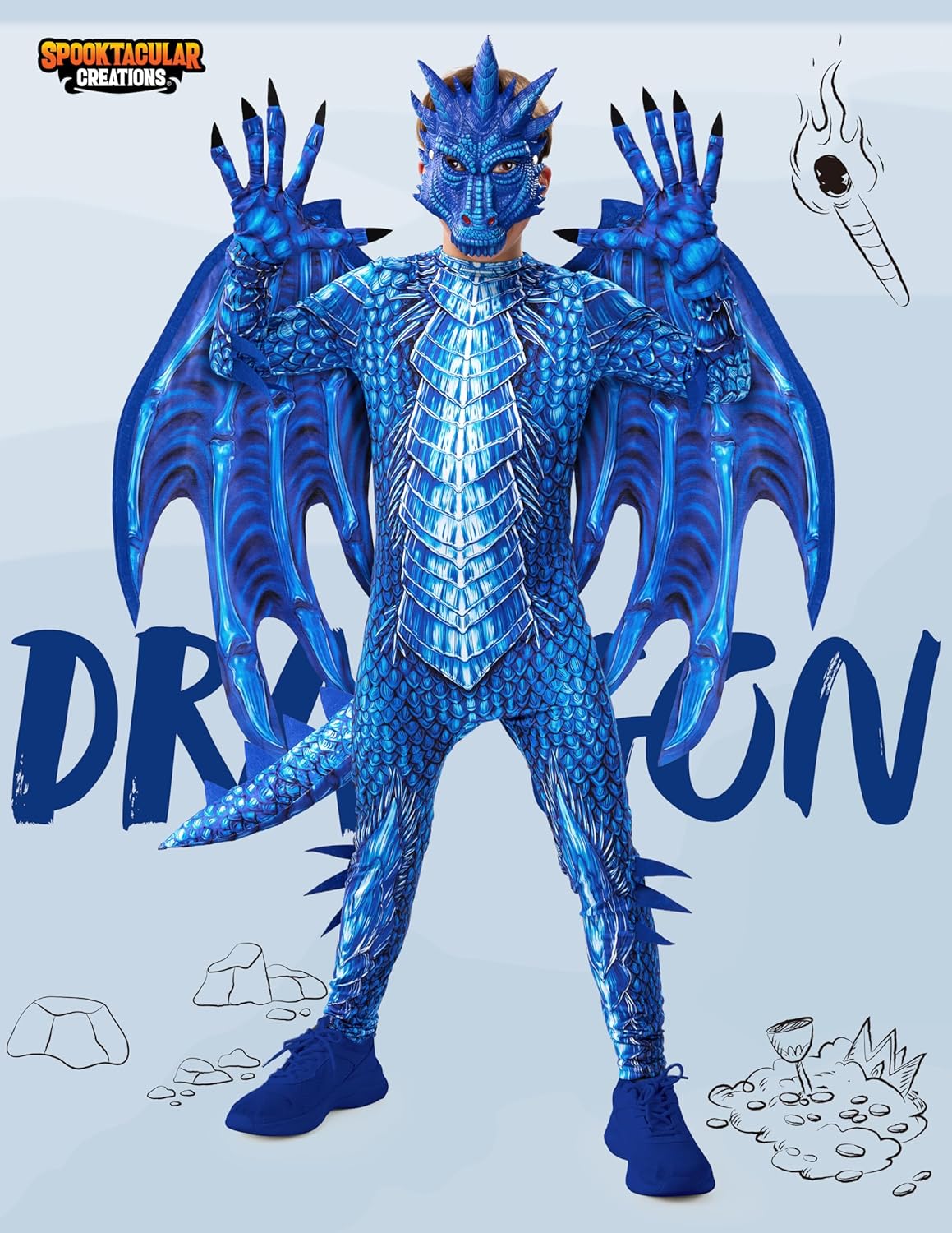 Spooktacular Creations Halloween Blue Dragon Costume for Kids, Boys Halloween Costume with Dragon Wings, Tail and Mask Set - Image 2