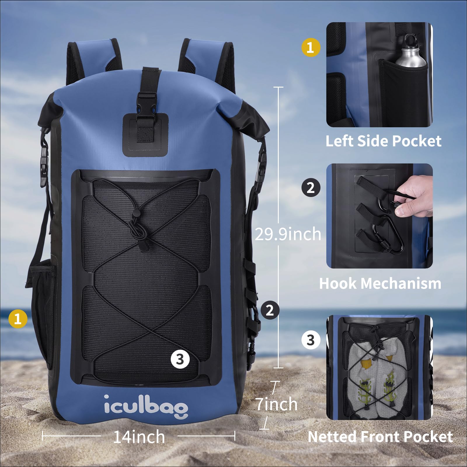 Iculabg - Zaino impermeabile per donne e uomini, da viaggio, escursionismo, impermeabile, per kayak, spiaggia, campeggio, zaino impermeabile, grande, blu, 30L/40L