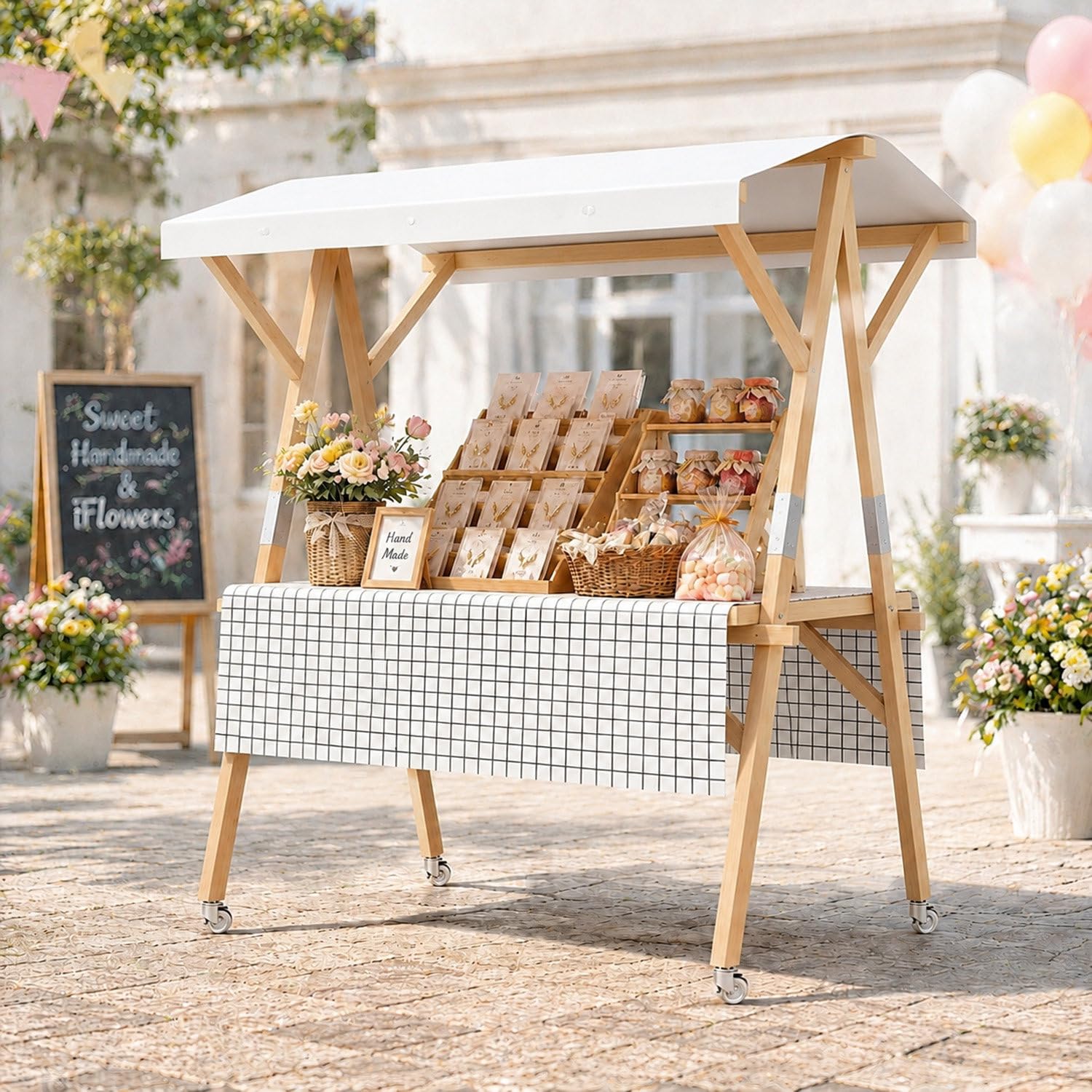 COAKUE Portable Foldable Wooden Farmers Market Stand on Wheels with Awning, Outdoor Vendor Cart Roadside Farm Stand for Roadside Vending, Markets & Craft Fairs WhiteB-150cm/59in
