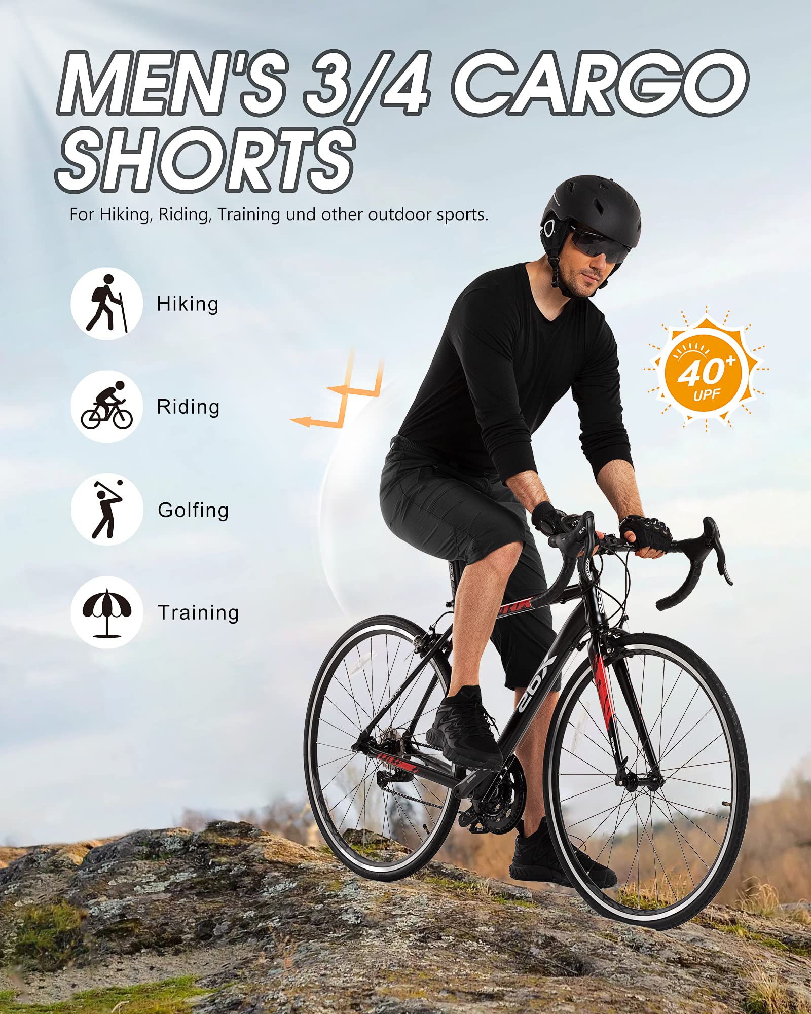 33,000ft Herren 3/4 Hose Cargo Shorts Kurze Wanderhose Stretch Leichte Radhose Sommer Capri Dreiviertel Hose Outdoor Shorts UPF 50+ mit Viele Taschen für Wandern Laufen Radfahren