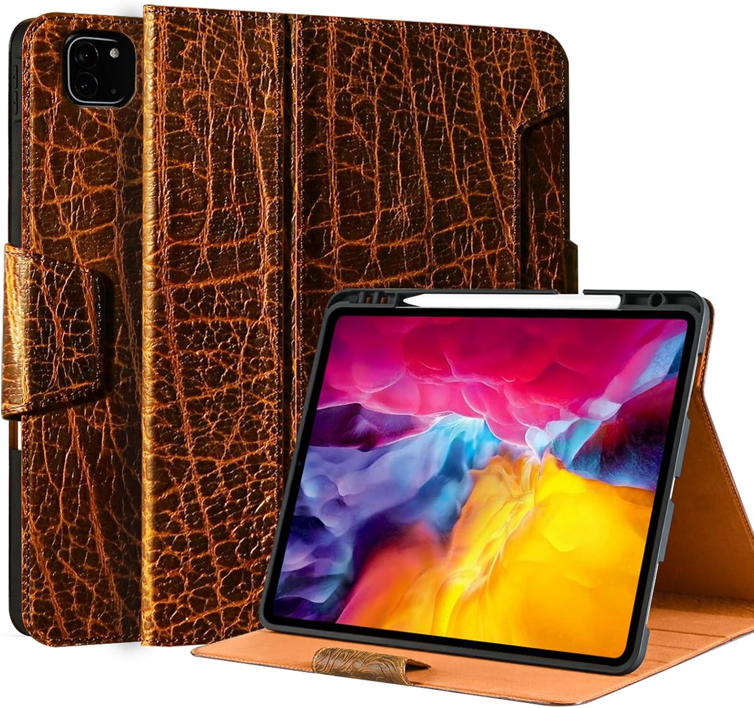 Gexmil Case for iPad Pro 11 Inch,4th/3rd/2nd/1st Generation(2022/2021/2020/2018) Genuine Leather Cover with Pencil Holder,Cowhide Folio Cover,Auto Sleep/Wake Magnetic Closure,Brown
