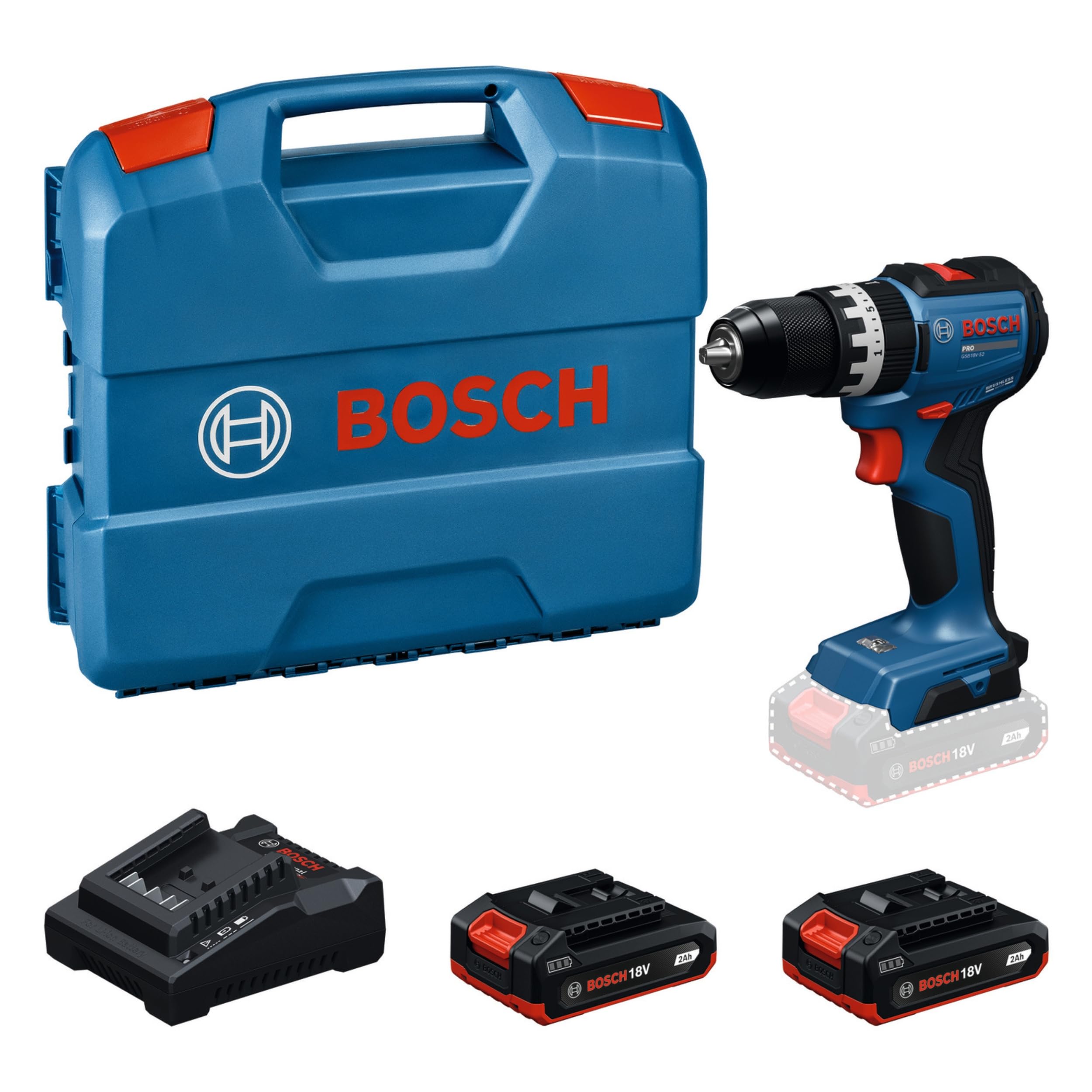 Bosch PRO 18V System Akumulatorowa wiertarko-wkrętarka udarowa GSB18V-52 (akumulator GBA 18V 2.0Ah, ładowarka GAL 18V-20, walizka L-Case)