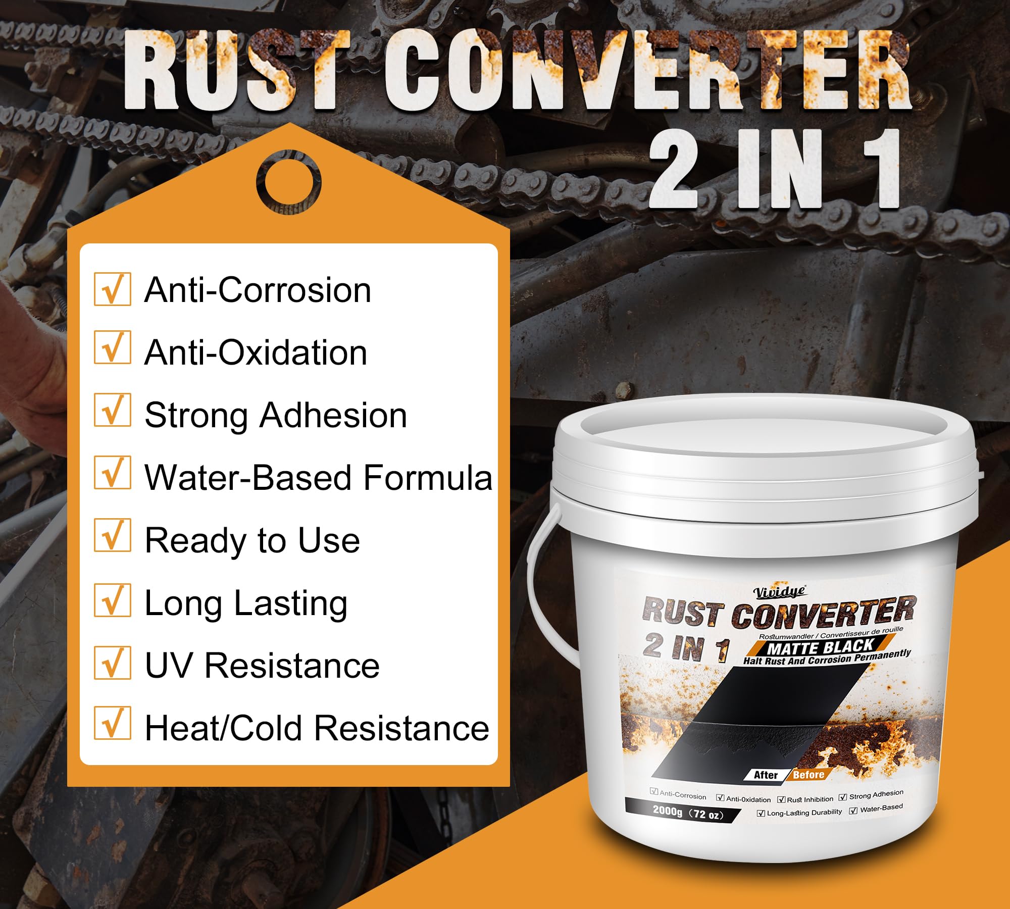 Convertidor de óxido 2 en 1 e imprimación de metal, removedor de óxido negro mate de 2 litros para metal, remolque, camión, chasis, marco, inhibidor de óxido a base de agua y pintura