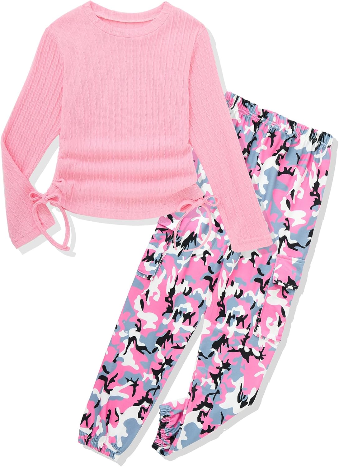 mksodop Girls Clothes Ruched Drawstring Short Sleeve Knit Top and Camo Print Pants 2 Piece Girls Outfits