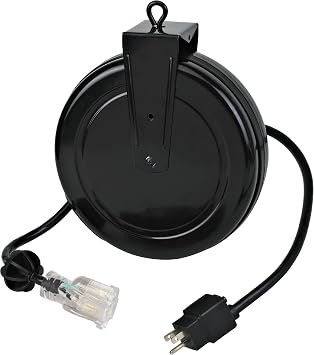 Alert ProReel Pro-Grade 5020TFC Heavy-Duty Retractable Extension Cord Reel | 20- 12/3 SJTOW Single Tap Heavy Duty Cord | Clear 5-20R Receptacle with Power On Light | 15 Amp Resettable Circuit Breaker