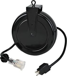 Alert ProReel Pro-Grade 5020TFC Heavy-Duty Retractable Extension Cord Reel | 20'- 12/3 SJTOW Single Tap Heavy Duty Cord | Clear 5-20R Receptacle with Power On Light | 15 Amp Resettable Circuit Breaker