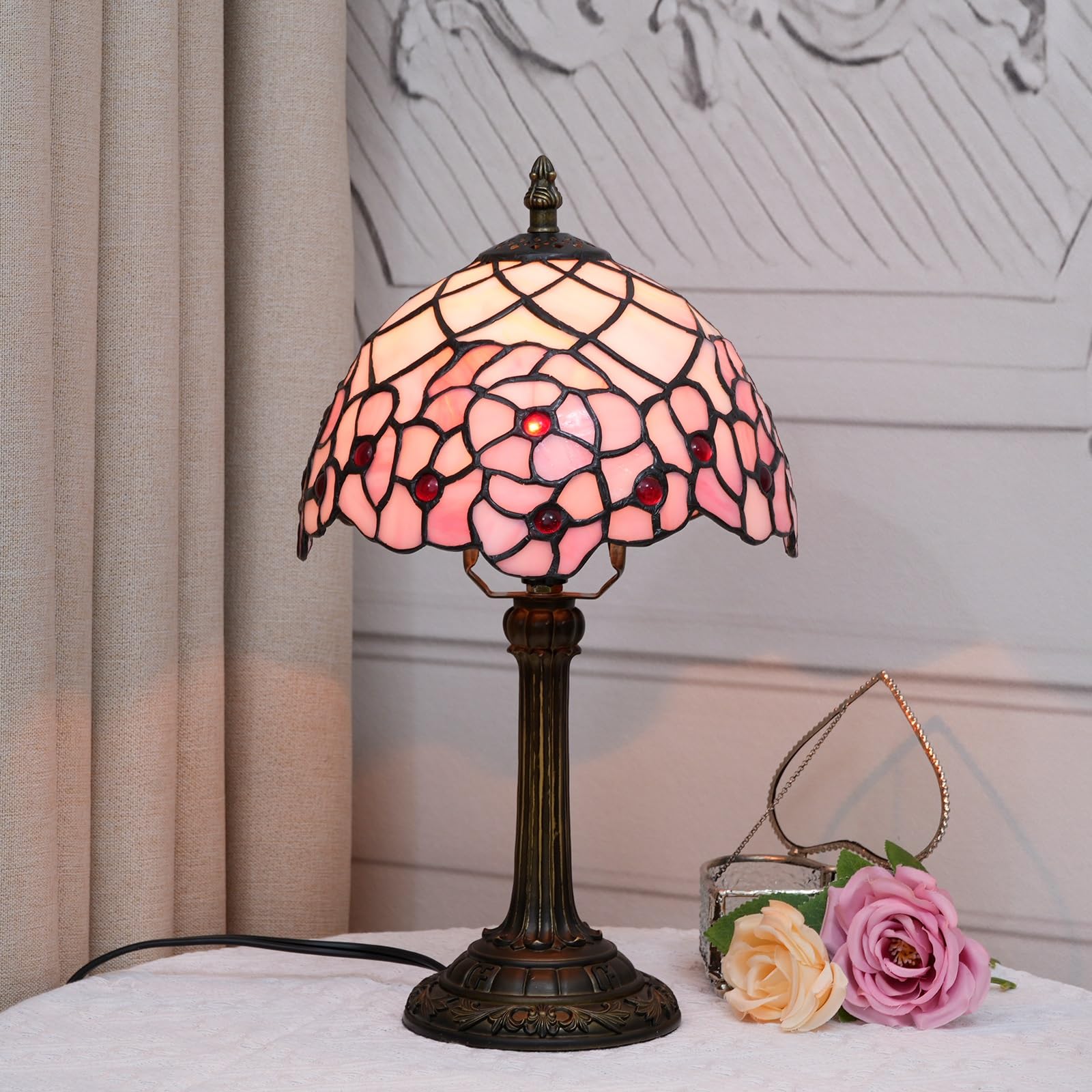 Tiffany lampa 8 cali mała różowa przyciemniana szklana lampa stołowa kwiat wiśni vintage ręcznie robiona lampka biurkowa do czytania do sypialni salonu biura w stylu art deco