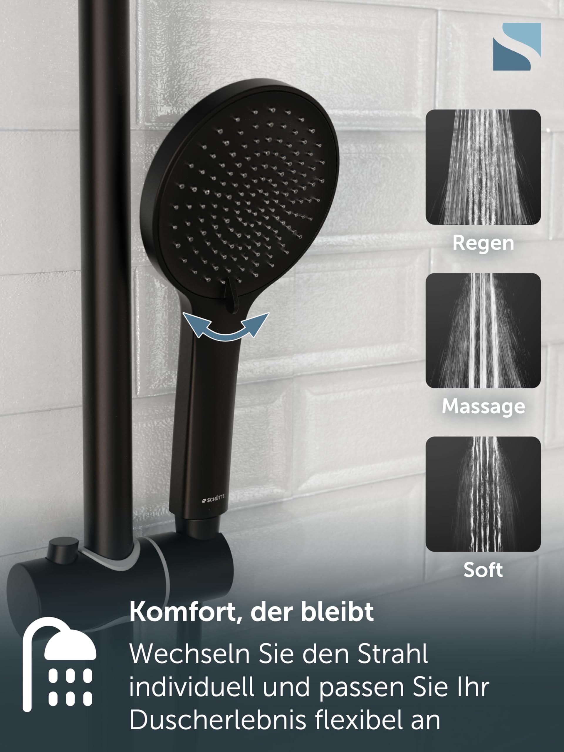 SCHÜTTE RAVEN Duschstange und Handbrause | Duschbrause mit 3-fach verstellbarem Duschkopf | Brauseset mit Duschsäule | Regendusche Duschpaneel mit Schlauch | Schwarz