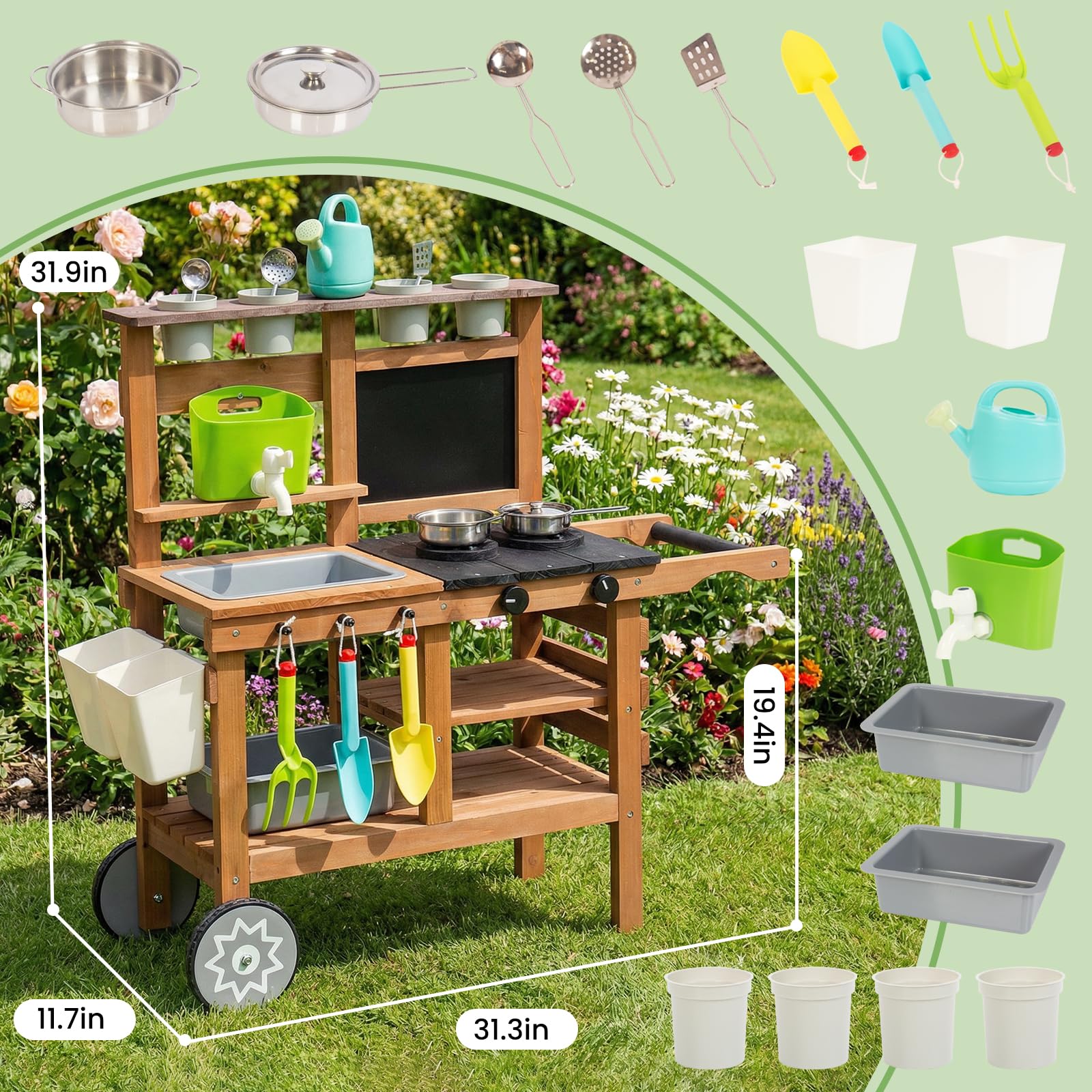 Cucina per bambini per attività all'aperto, giochi da giardino, cucina per bambini, per esterni, con ruote, bollitore, lavello, contenitore per piante in legno (marrone)