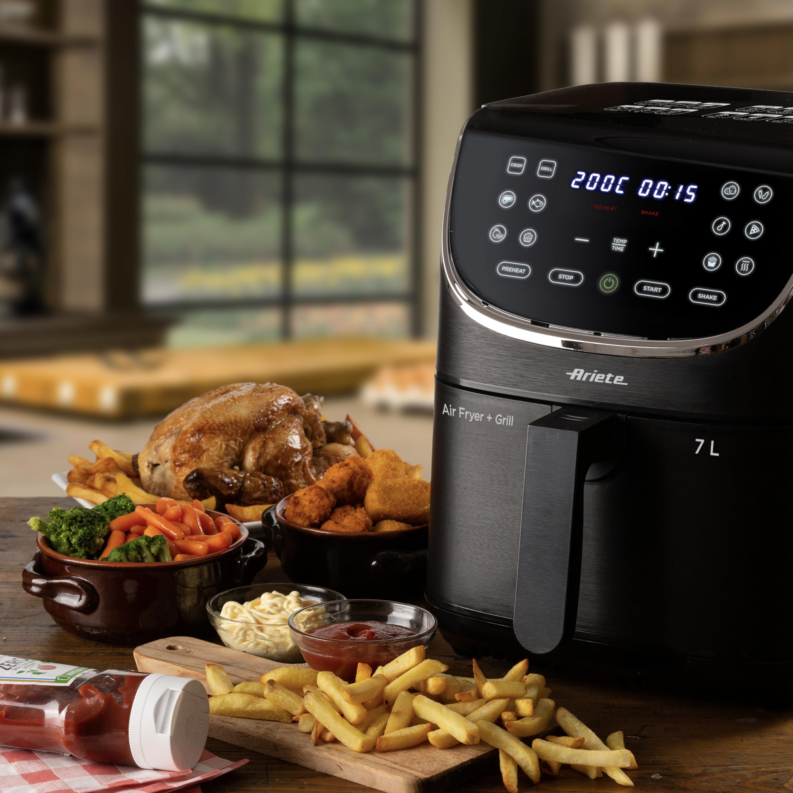 Ariete Airy Fryer 7L 4627, Friggitrice ad Aria 7L, Timer da 60 Minuti, LCD e Touchscreen con 12 Modalità di Cottura, Funzione Max Crisp, Temperatura Massima 200° C, Capacità 2Kg, 1700W, Nero